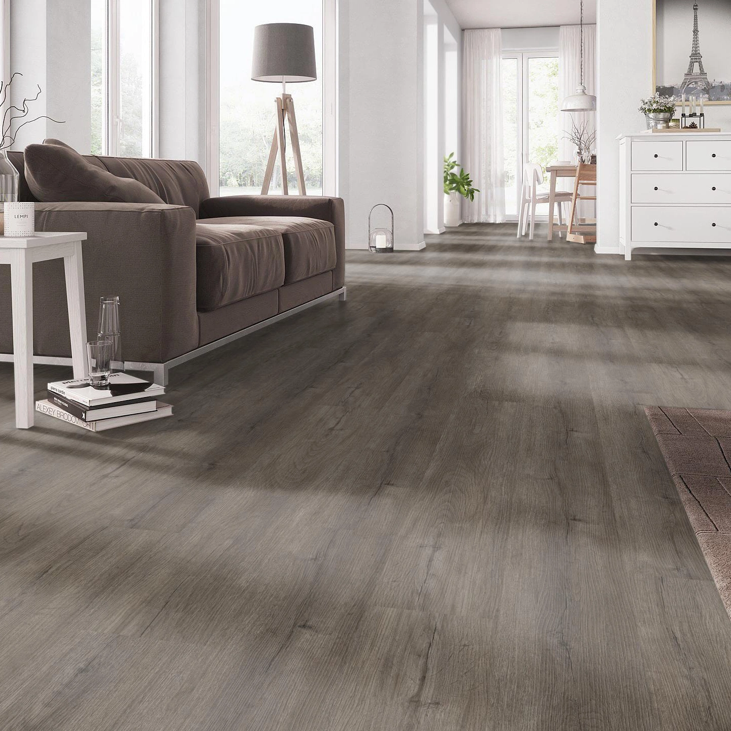 Milieubild Wohnzimmer mit Couch - nexflor Rigid Klick-Vinyl Apollo Click Collection Sparta Oak Milieubild Wohnzimmer mit Couch - nexflor NXF-60030-006