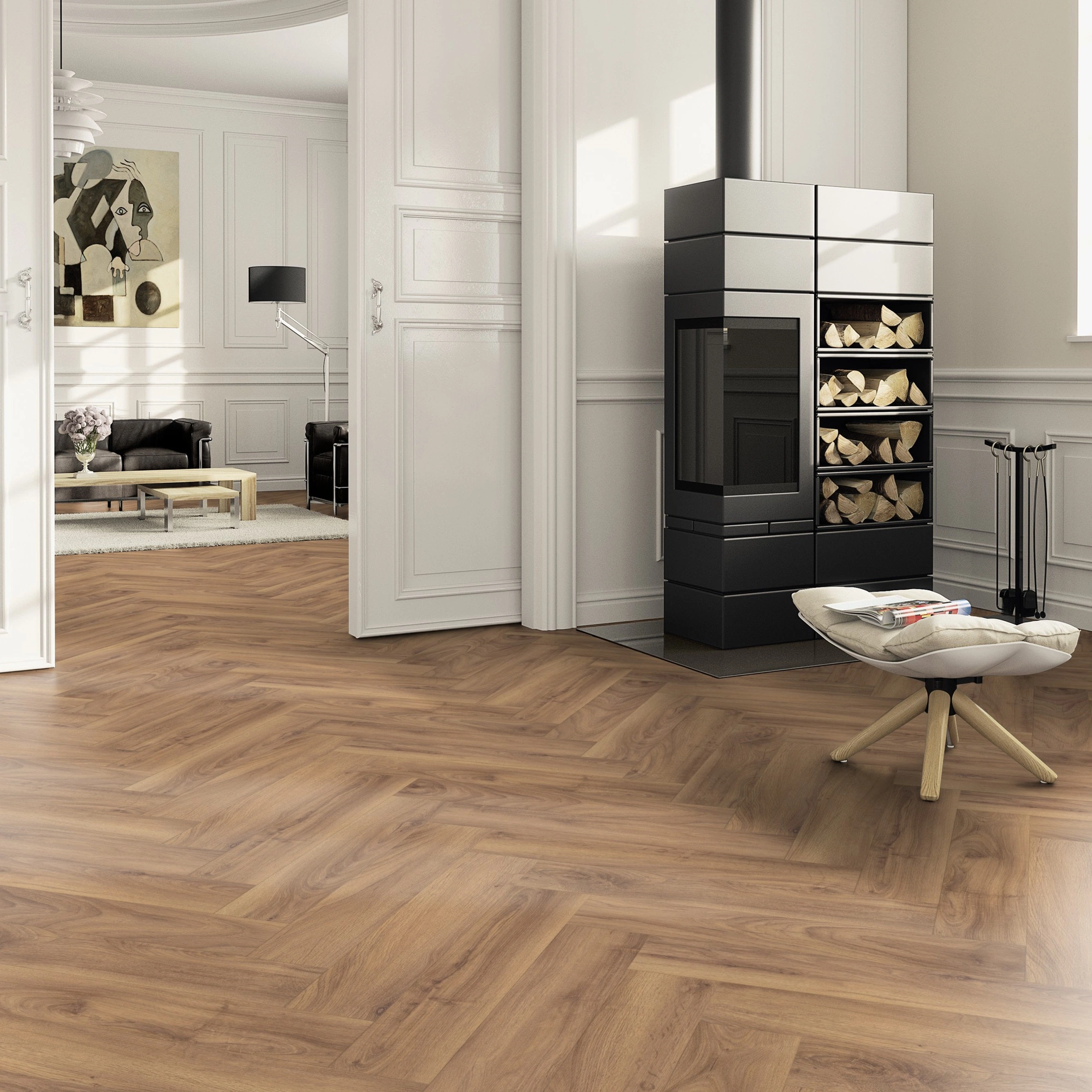 Milieubild Wohnzimmer im Landhaus-Stil mit Kamin - ter Hürne Laminat Herringbone Edition Eiche Cottage Milieubild Wohnzimmer im Landhaus-Stil mit Kamin - ter Hürne 1101021855