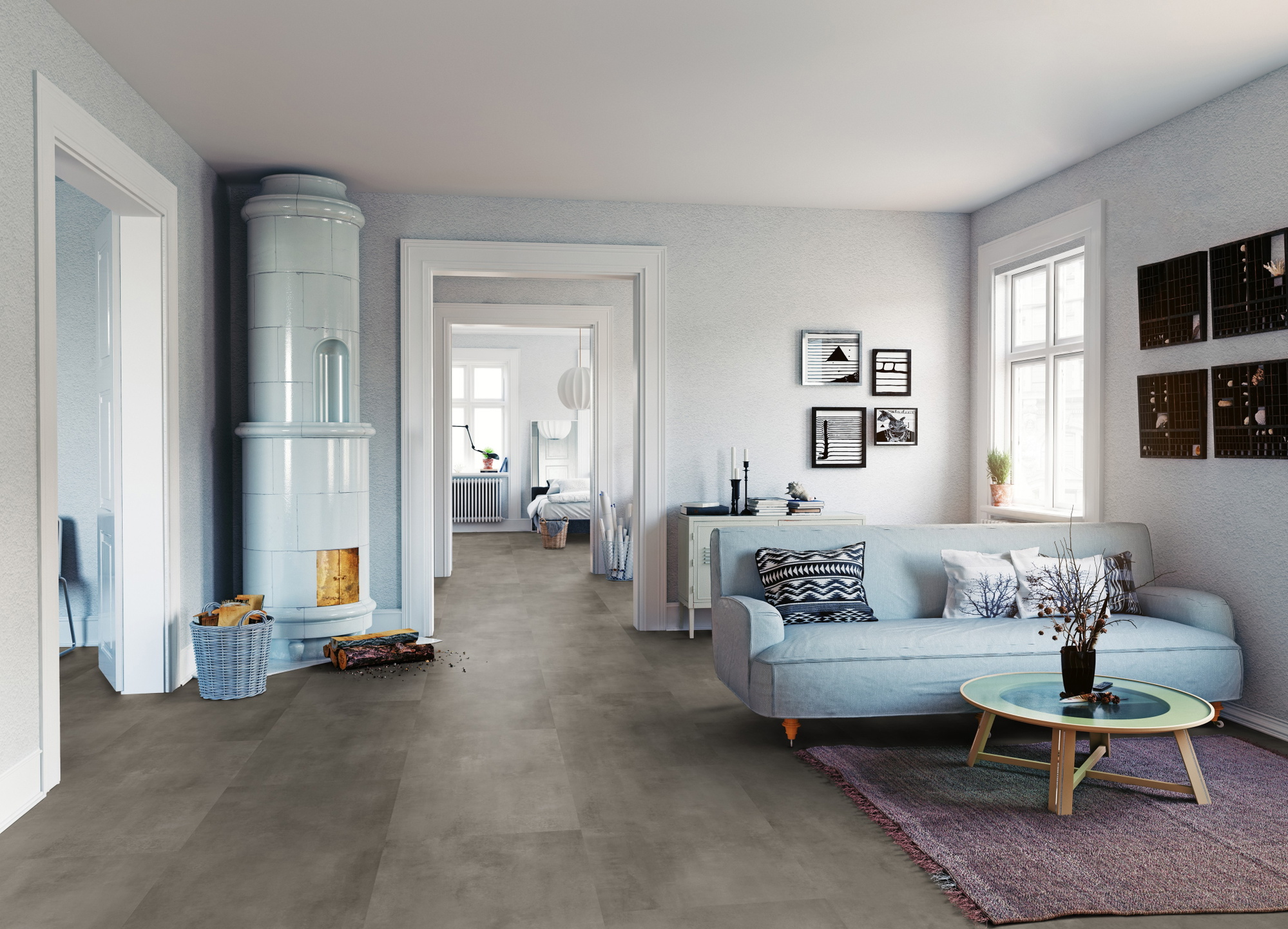 Milieubild Wohnzimmer mit Sofa und Kachelofen - ter Hürne Klebe-Designboden Avatara Pro Stone Edition Stein Alasco Milieubild Wohnzimmer mit Sofa und Kachelofen - ter Hürne 1101270307