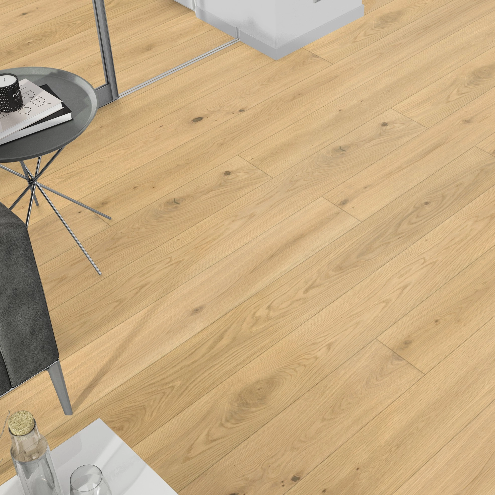 Milieubild Wohnzimmer mit grauem Sofa - Blick von oben - Admonter Parkett FLOORs Eiche natura Milieubild Wohnzimmer mit grauem Sofa - Blick von oben - Admonter 115774