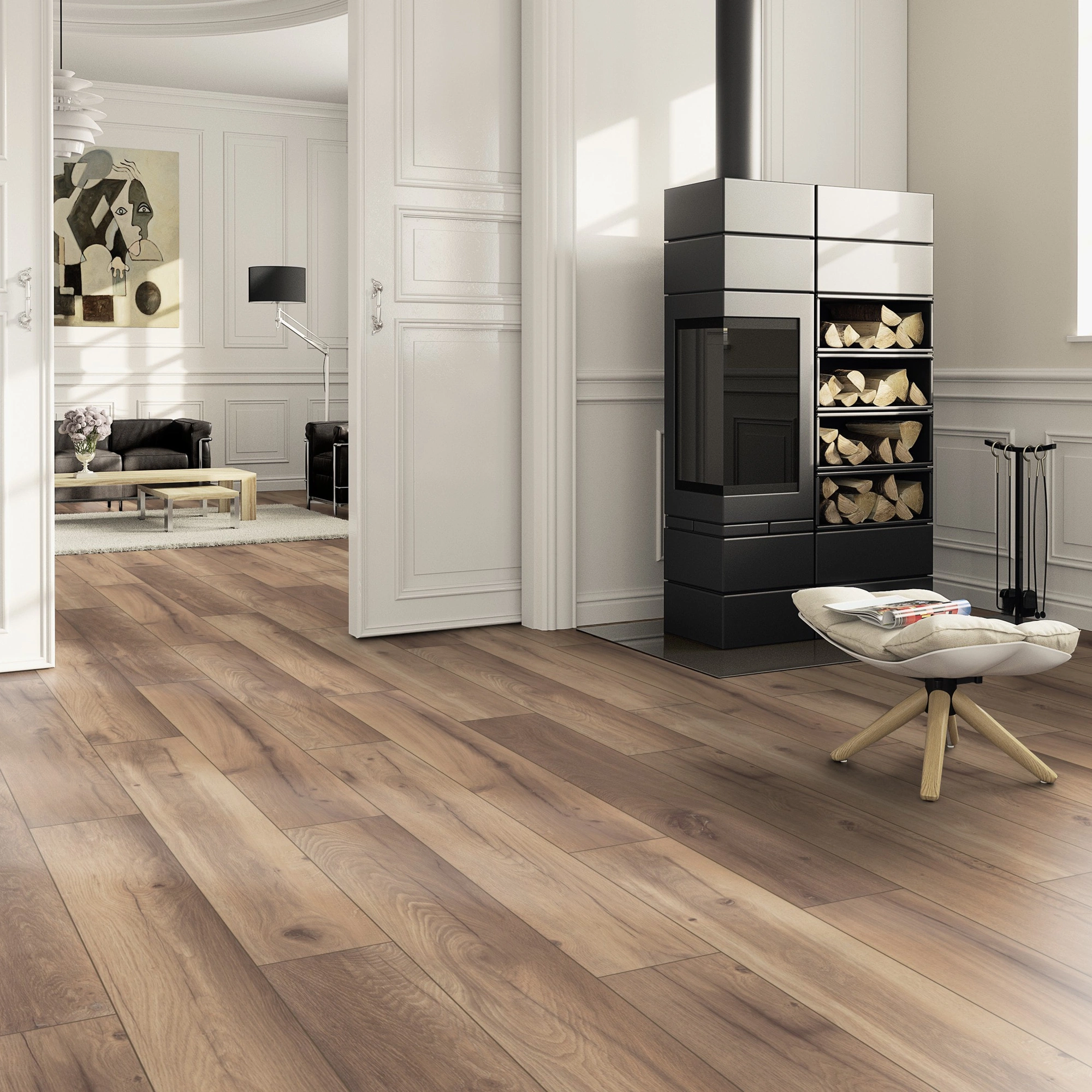 Milieubild Wohnzimmer im Landhaus-Stil mit Kamin - ter Hürne Klick-Designboden Dureco Strong Classic Edition Eiche Madeira Milieubild Wohnzimmer im Landhaus-Stil mit Kamin - ter Hürne 1101260042