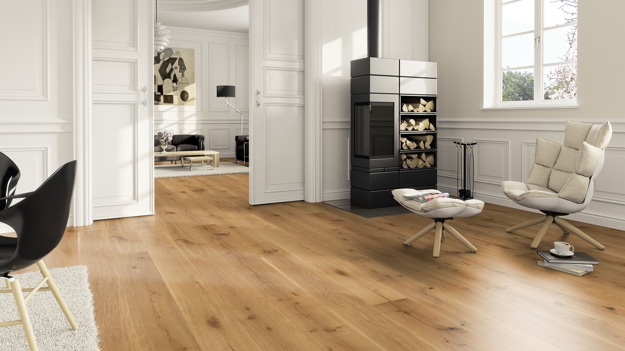 Milieubild Wohnzimmer im Landhaus-Stil mit Kamin - ter Hürne Parkett Light Collection OLIO Eiche Mendoza Milieubild Wohnzimmer im Landhaus-Stil mit Kamin - ter Hürne 1101312802