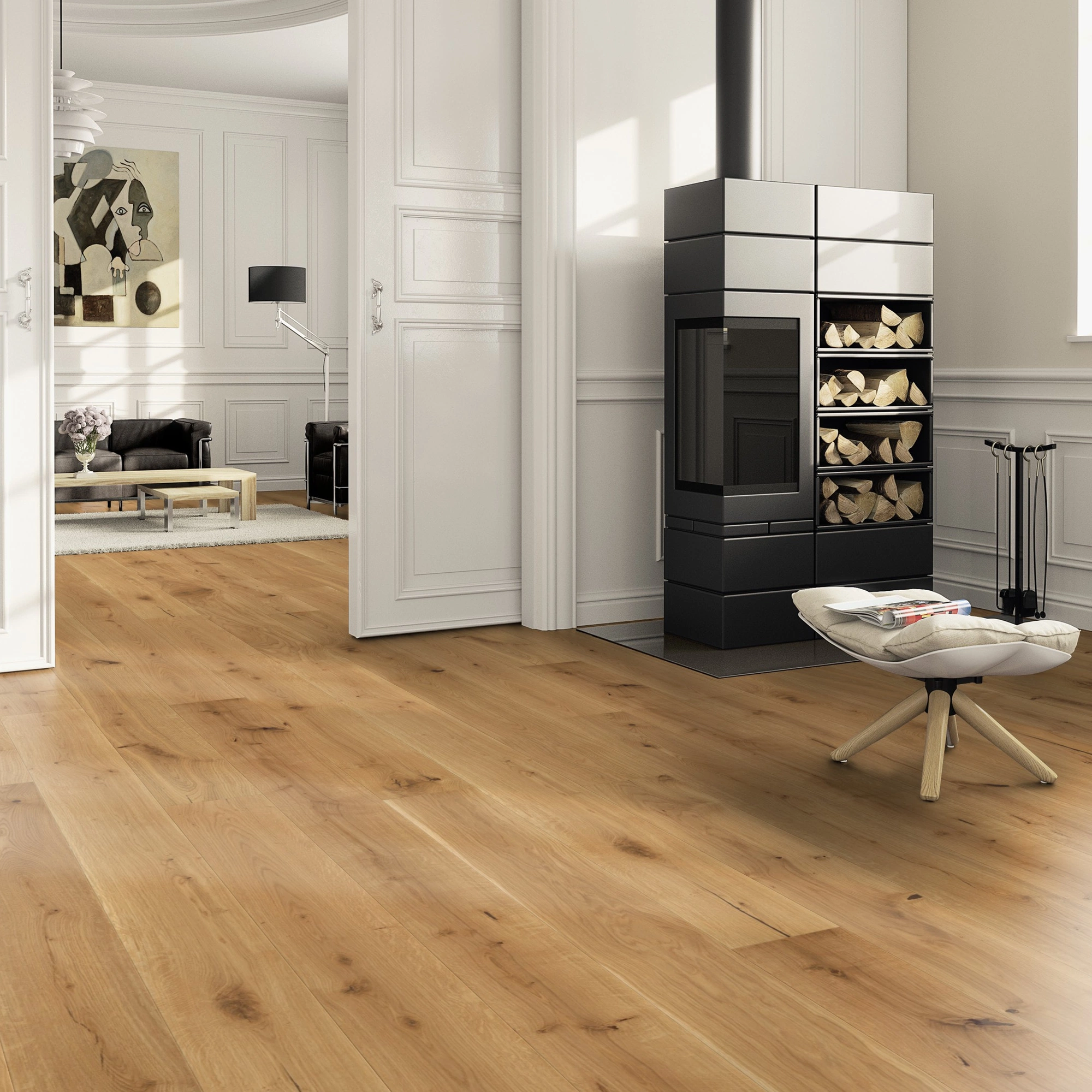 Milieubild Wohnzimmer im Landhaus-Stil mit Kamin - ter Hürne Parkett Light Collection OLIO Eiche Mendoza Milieubild Wohnzimmer im Landhaus-Stil mit Kamin - ter Hürne 1101312802