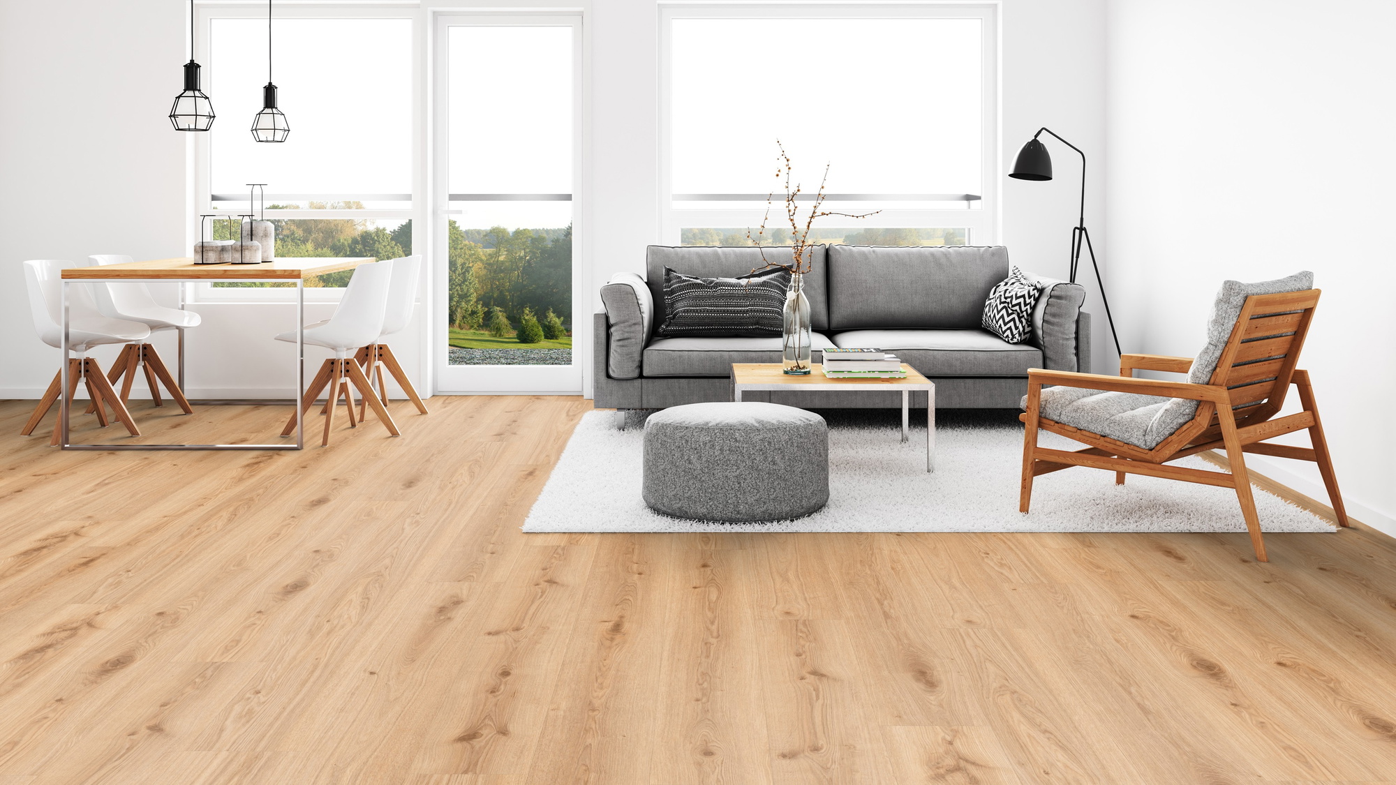 Milieubild Wohnzimmer mit Esszimmer - Tarkett Rigid Klick-Vinyl Essence Rigid 55 Primary Oak Light Brown Milieubild Wohnzimmer mit Esszimmer - Tarkett 260030005