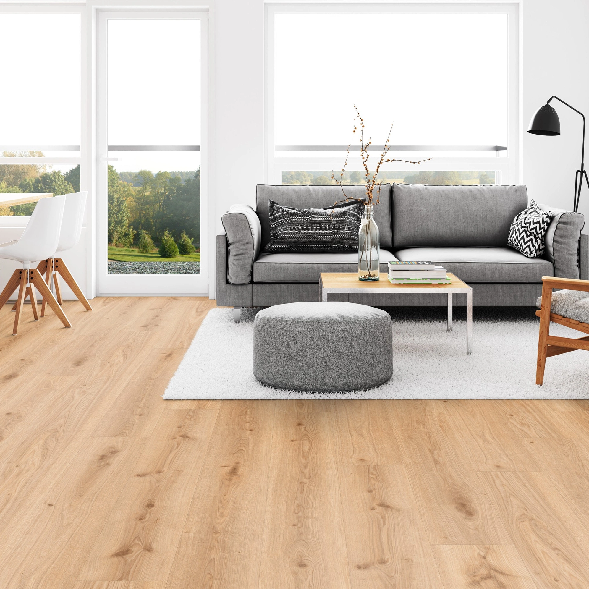 Milieubild Wohnzimmer mit Esszimmer - Tarkett Rigid Klick-Vinyl Essence Rigid 55 Primary Oak Light Brown Milieubild Wohnzimmer mit Esszimmer - Tarkett 260030005