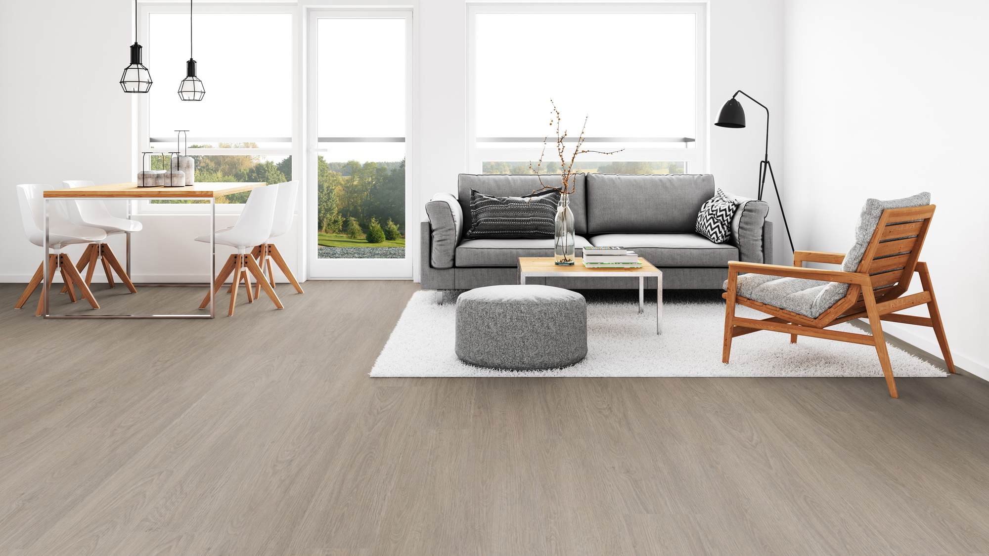 Milieubild Wohnzimmer mit Esszimmer - Tarkett Klebe-Vinyl Essence 55 Cool Oak Light Beige Milieubild Wohnzimmer mit Esszimmer - Tarkett 260053002