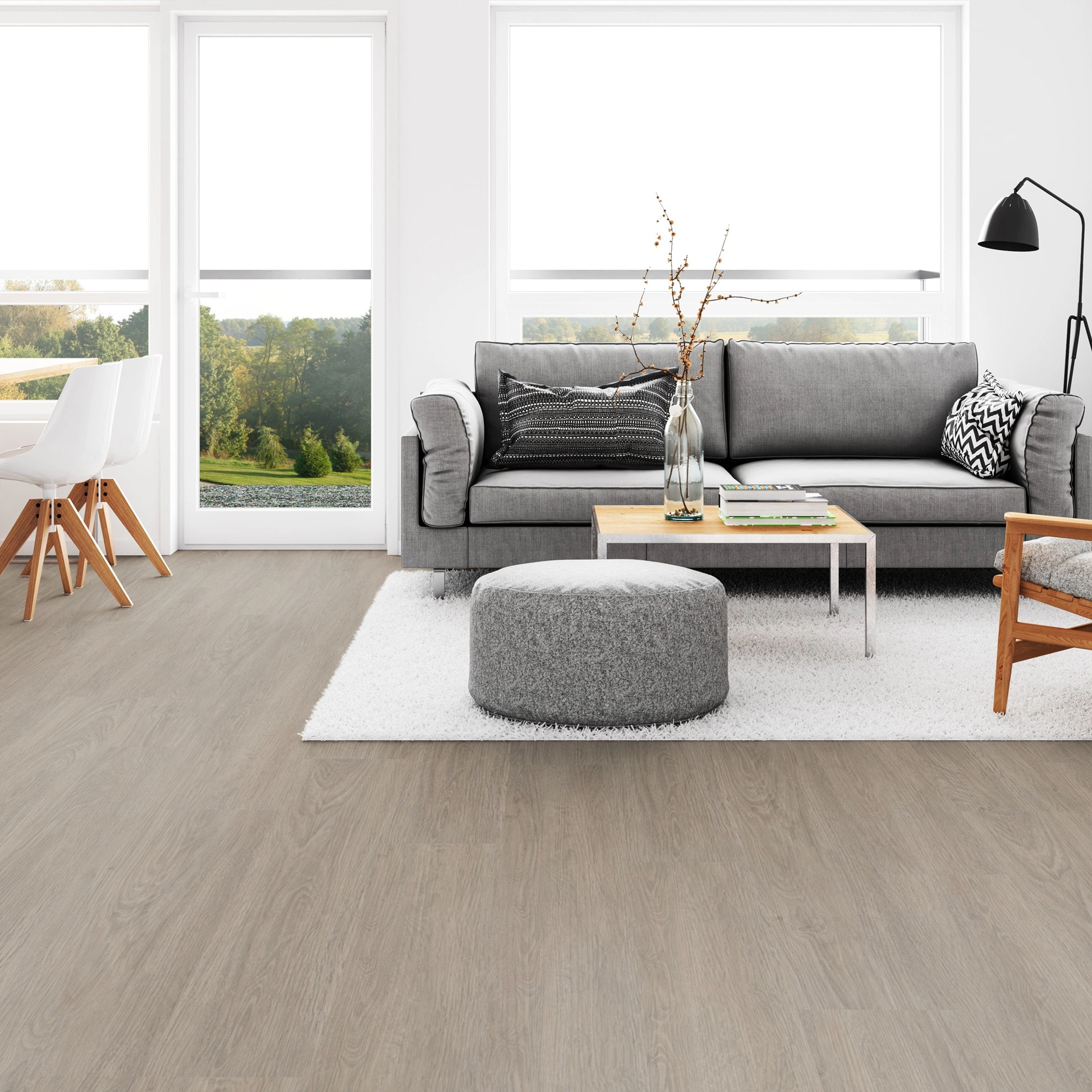 Milieubild Wohnzimmer mit Esszimmer - Tarkett Klebe-Vinyl Essence 55 Cool Oak Light Beige Milieubild Wohnzimmer mit Esszimmer - Tarkett 260053002