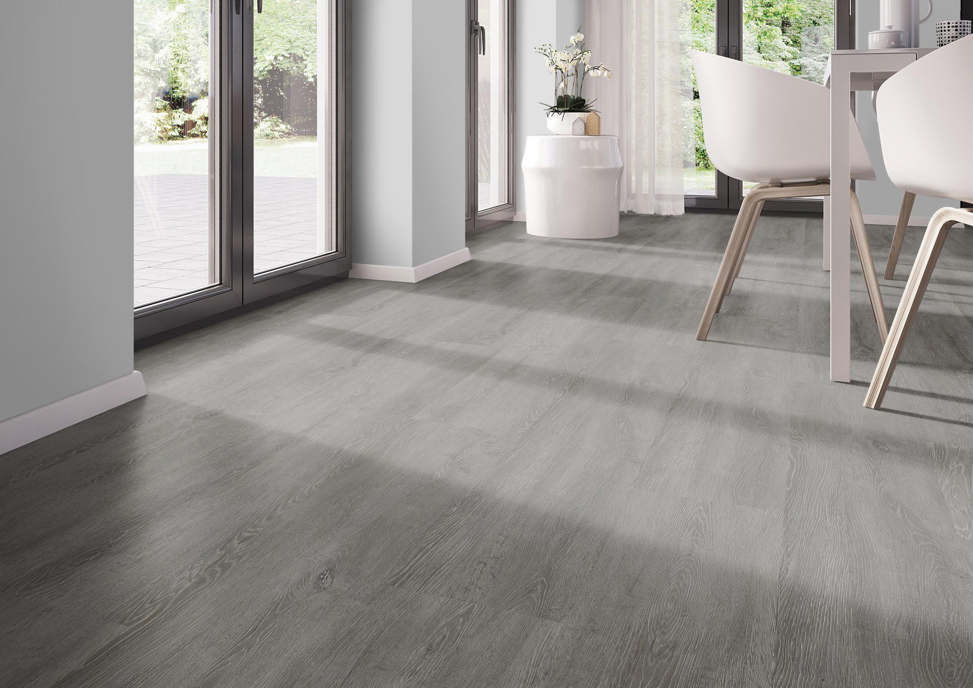 Milieubild Modernes Esszimmer - bodentiefe Perspektive - nexflor Rigid Klick-Vinyl Helios Click Collection Arcadia Oak Milieubild Modernes Esszimmer - bodentiefe Perspektive - nexflor NXF-20030-005