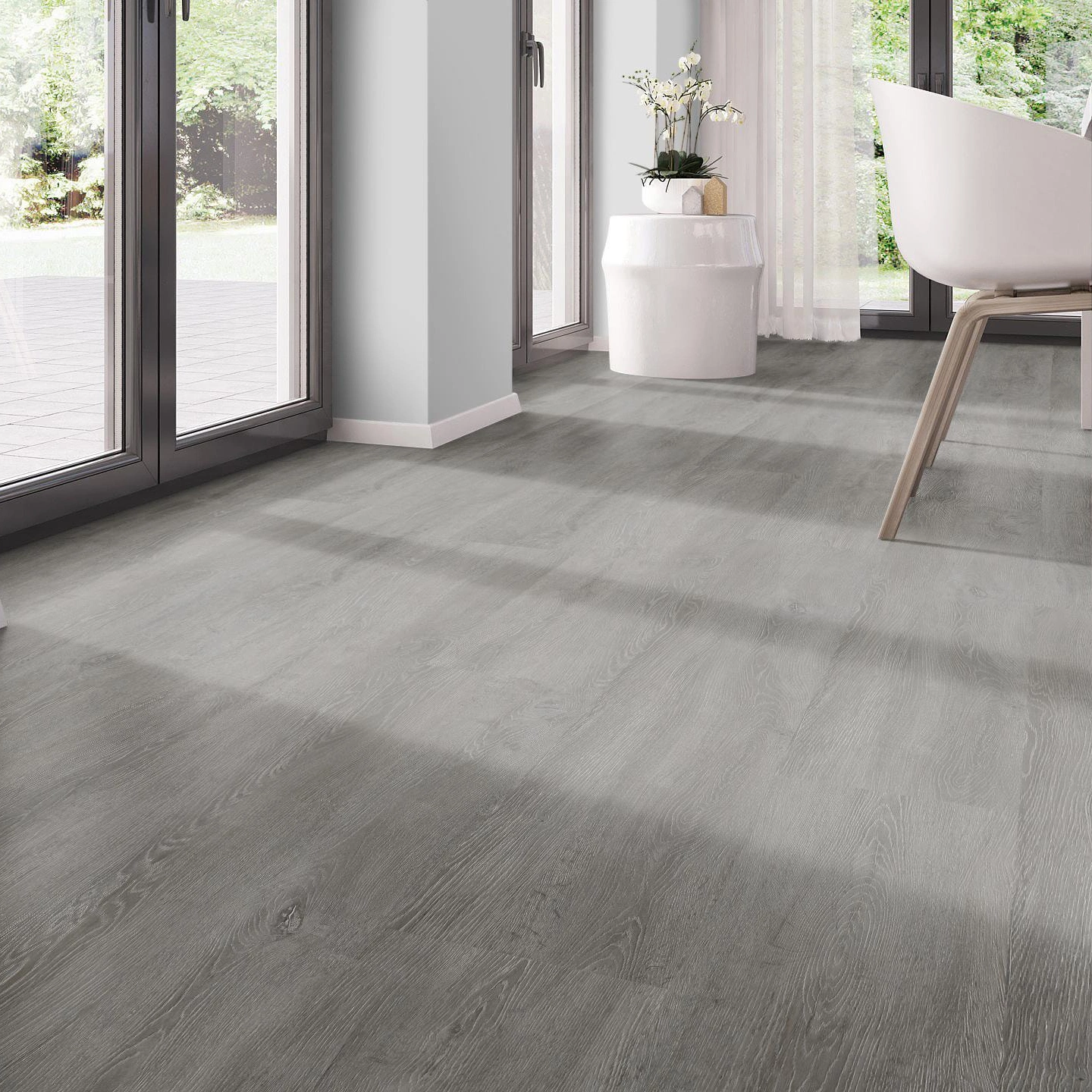 Milieubild Modernes Esszimmer - bodentiefe Perspektive - nexflor Rigid Klick-Vinyl Helios Click Collection Arcadia Oak Milieubild Modernes Esszimmer - bodentiefe Perspektive - nexflor NXF-20030-005