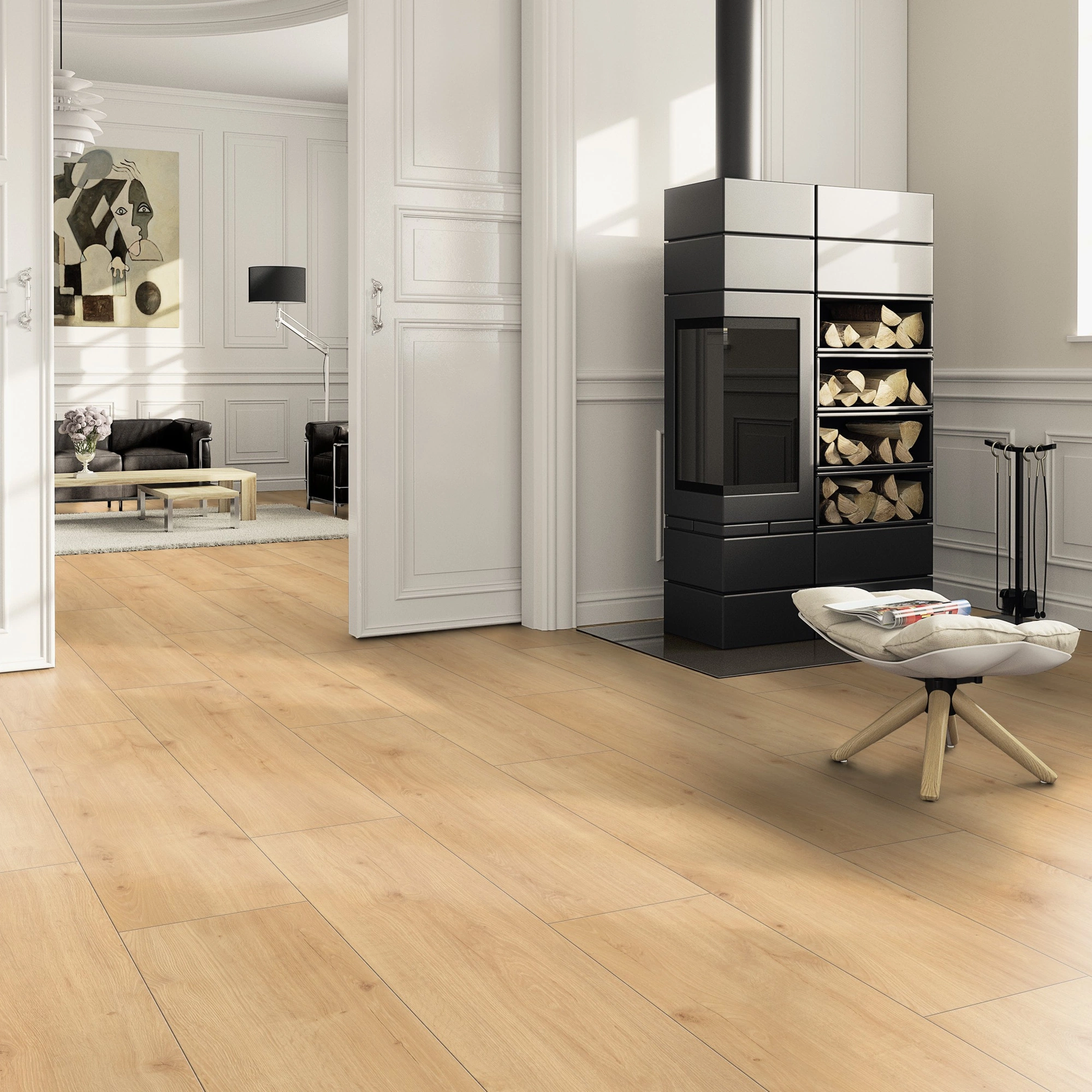 Milieubild Wohnzimmer im Landhaus-Stil mit Kamin - ter Hürne Laminat Trend Edition Eiche Japandi Milieubild Wohnzimmer im Landhaus-Stil mit Kamin - ter Hürne 1101021847