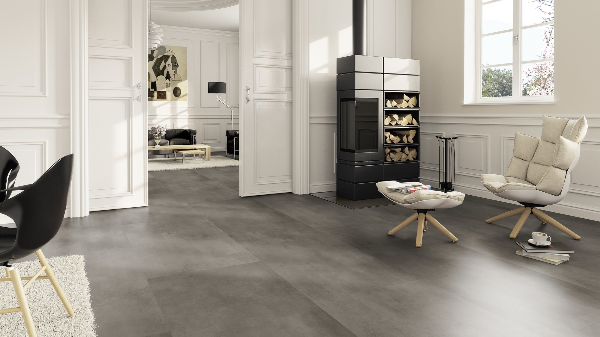 Milieubild Wohnzimmer im Landhaus-Stil mit Kamin - ter Hürne Klebe-Designboden Avatara Pro Stone Edition Stein Alasco Milieubild Wohnzimmer im Landhaus-Stil mit Kamin - ter Hürne 1101270307