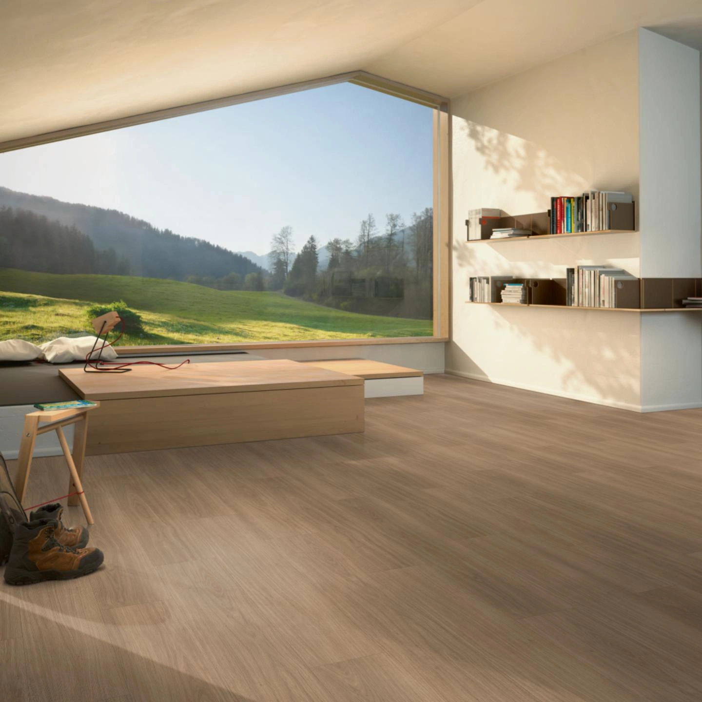 Milieubild Moderne Hütte mit Blick in die Natur - Parador HDF Klick-Designboden Modular ONE Eiche Artemis karamellbraun Milieubild Moderne Hütte mit Blick in die Natur - Parador 1748714