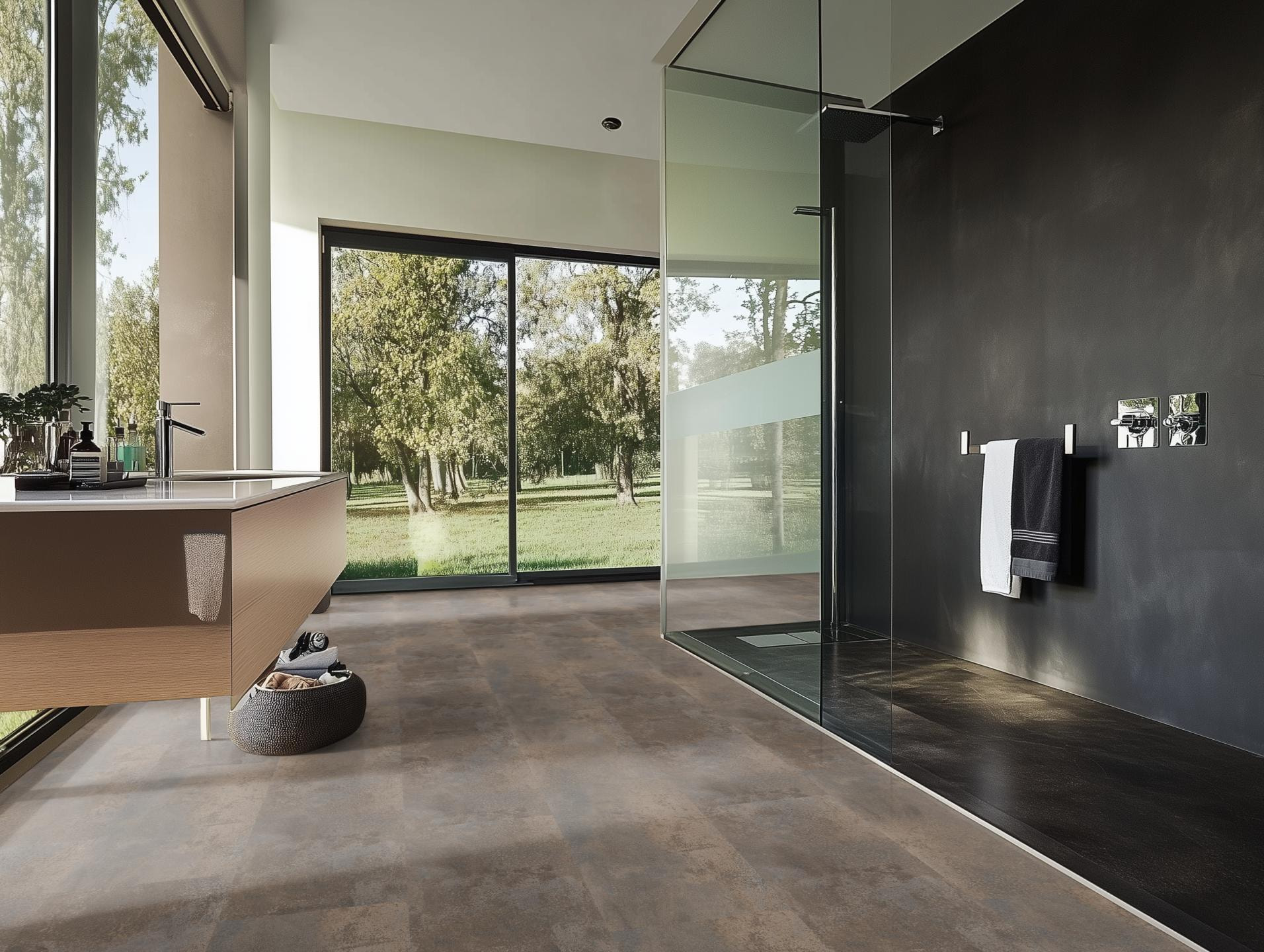 Milieubild Modernes Badezimmer mit bodentiefer Dusche - nexflor Klebe-Vinyl Oreios Collection Giona Milieubild Modernes Badezimmer mit bodentiefer Dusche - nexflor NXF-51030-003