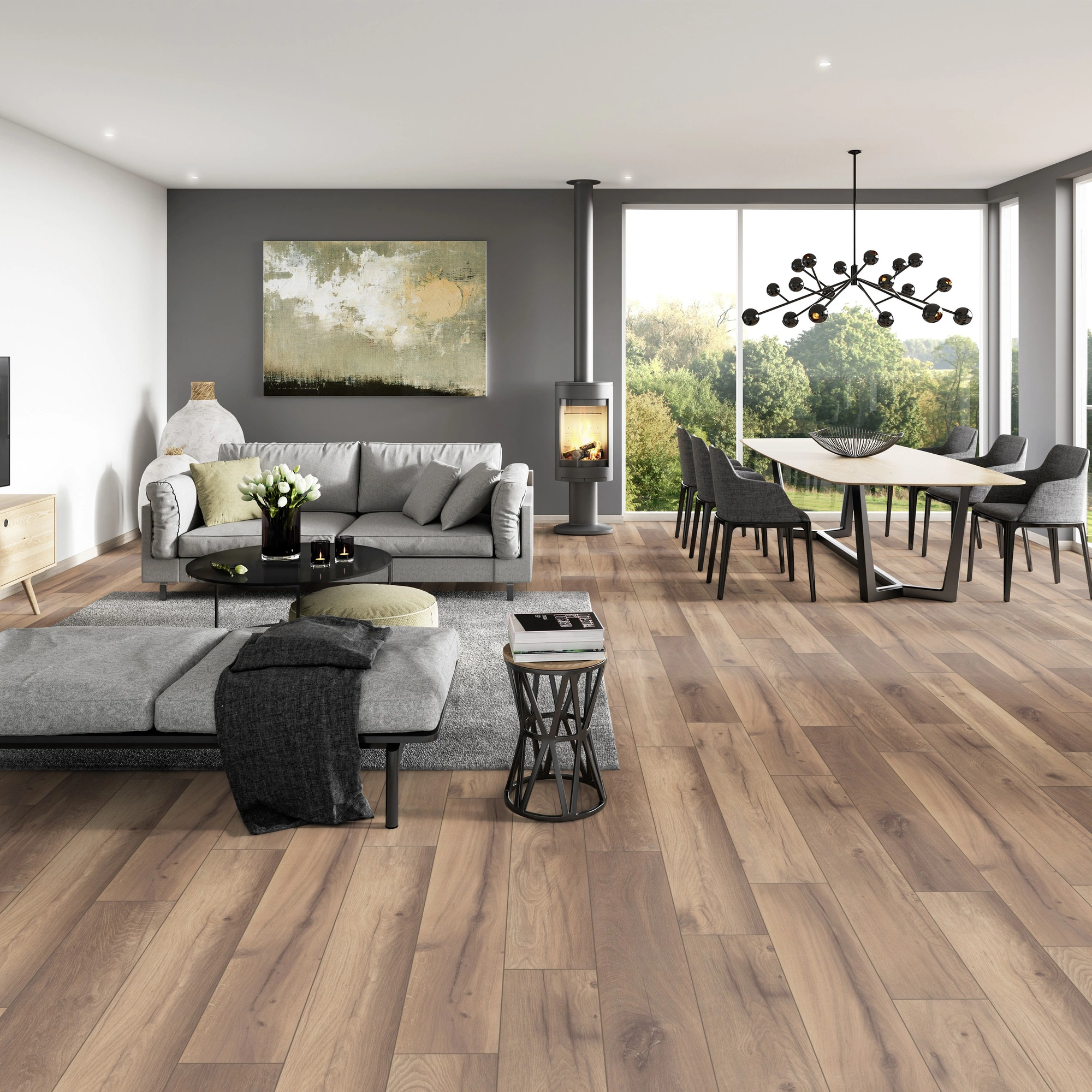 Milieubild Modernes Wohnzimmer mit Essbereich - ter Hürne Klick-Designboden Dureco Strong Classic Edition Eiche Madeira Milieubild Modernes Wohnzimmer mit Essbereich - ter Hürne 1101260042