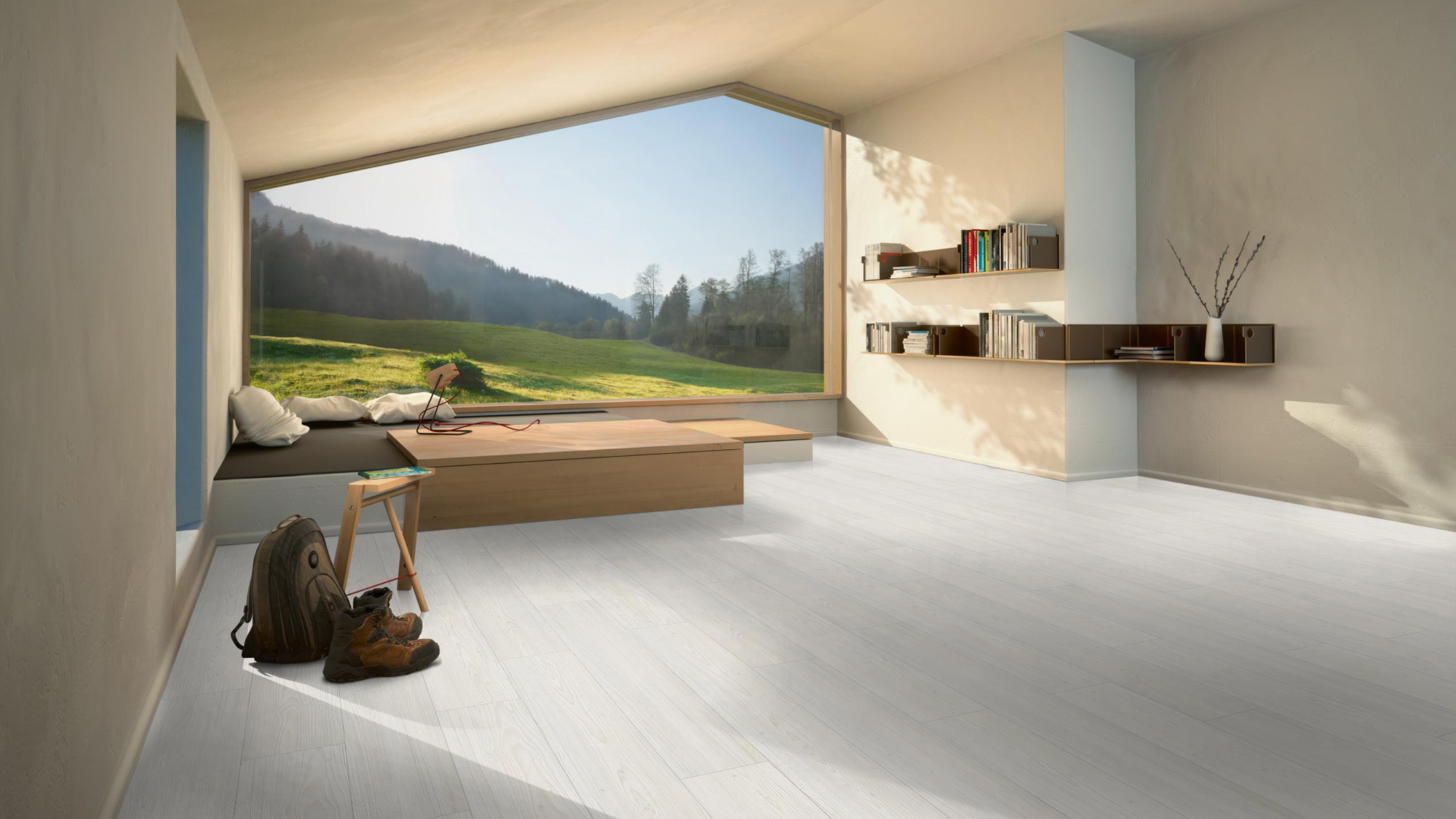 Milieubild Moderne Hütte mit Blick in die Natur - Parador HDF Klick-Designboden Modular ONE Lärche Apollo weiß Milieubild Moderne Hütte mit Blick in die Natur - Parador 1748713