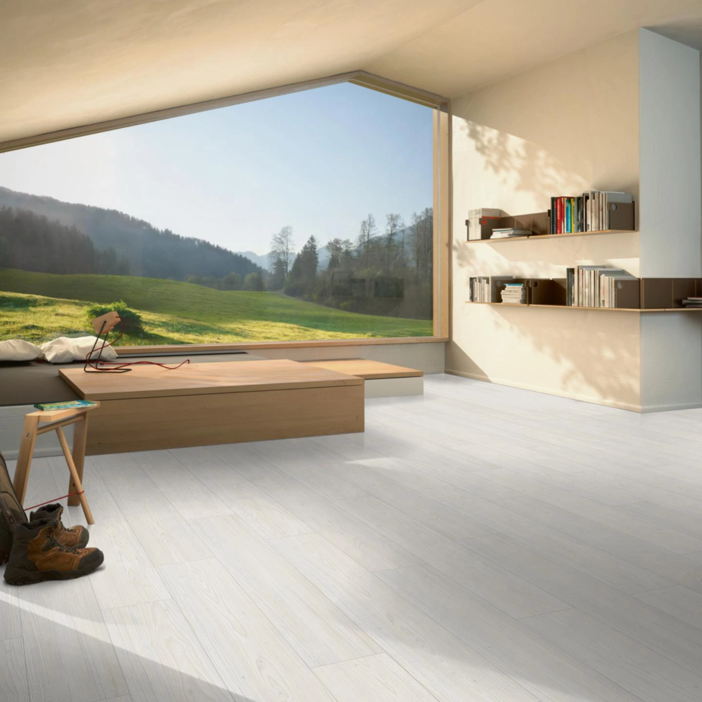 Milieubild Moderne Hütte mit Blick in die Natur - Parador HDF Klick-Designboden Modular ONE Lärche Apollo weiß Milieubild Moderne Hütte mit Blick in die Natur - Parador 1748713