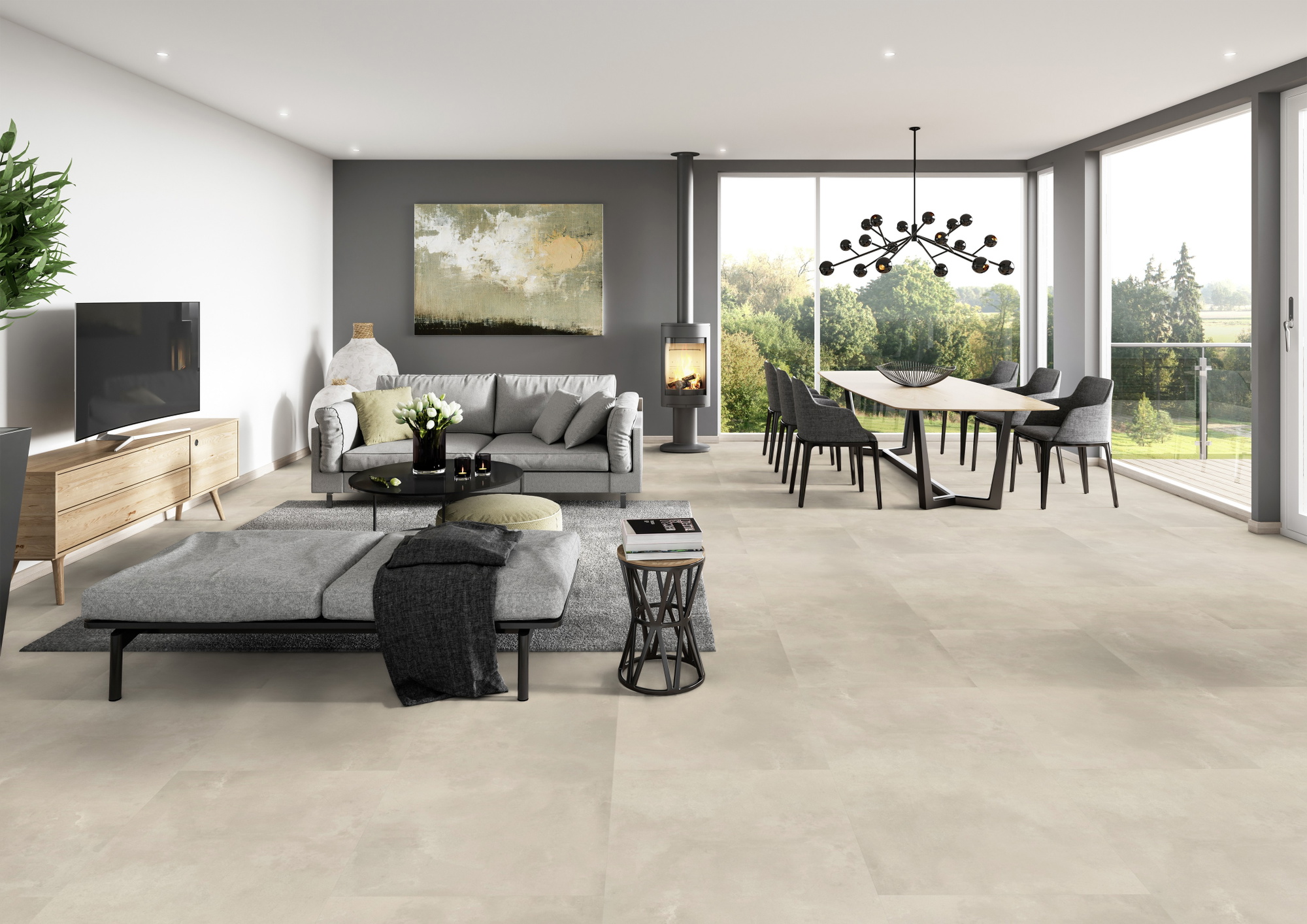 Milieubild Modernes Wohnzimmer mit Essbereich - ter Hürne Klebe-Designboden Avatara Pro Stone Edition Stein Nemesis Milieubild Modernes Wohnzimmer mit Essbereich - ter Hürne 1101270301