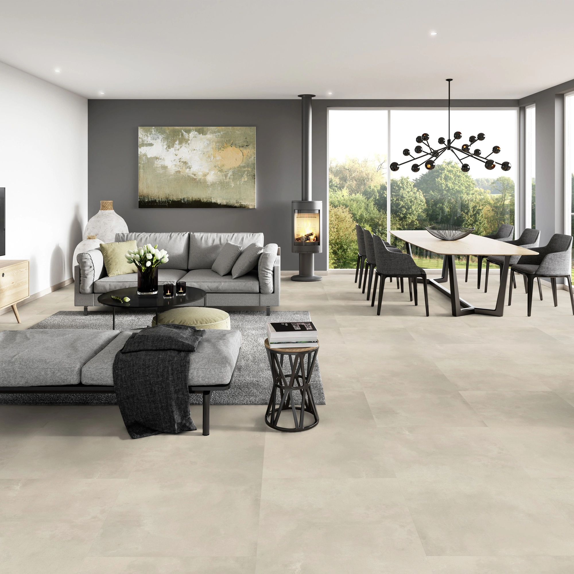 Milieubild Modernes Wohnzimmer mit Essbereich - ter Hürne Klebe-Designboden Avatara Pro Stone Edition Stein Nemesis Milieubild Modernes Wohnzimmer mit Essbereich - ter Hürne 1101270301