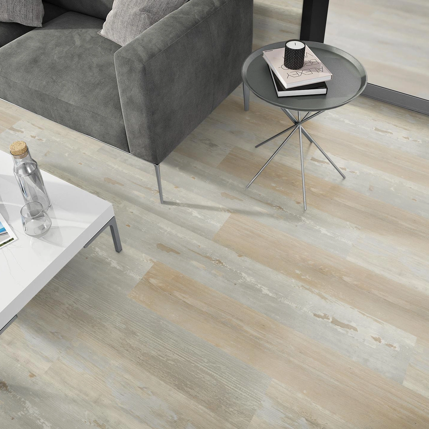 Milieubild Wohnzimmer - Sofa mit Beistelltisch und Glastür - nexflor Rigid Klick-Vinyl Apollo Click Collection Knossos Oak Milieubild Wohnzimmer - Sofa mit Beistelltisch und Glastür - nexflor NXF-60030-012