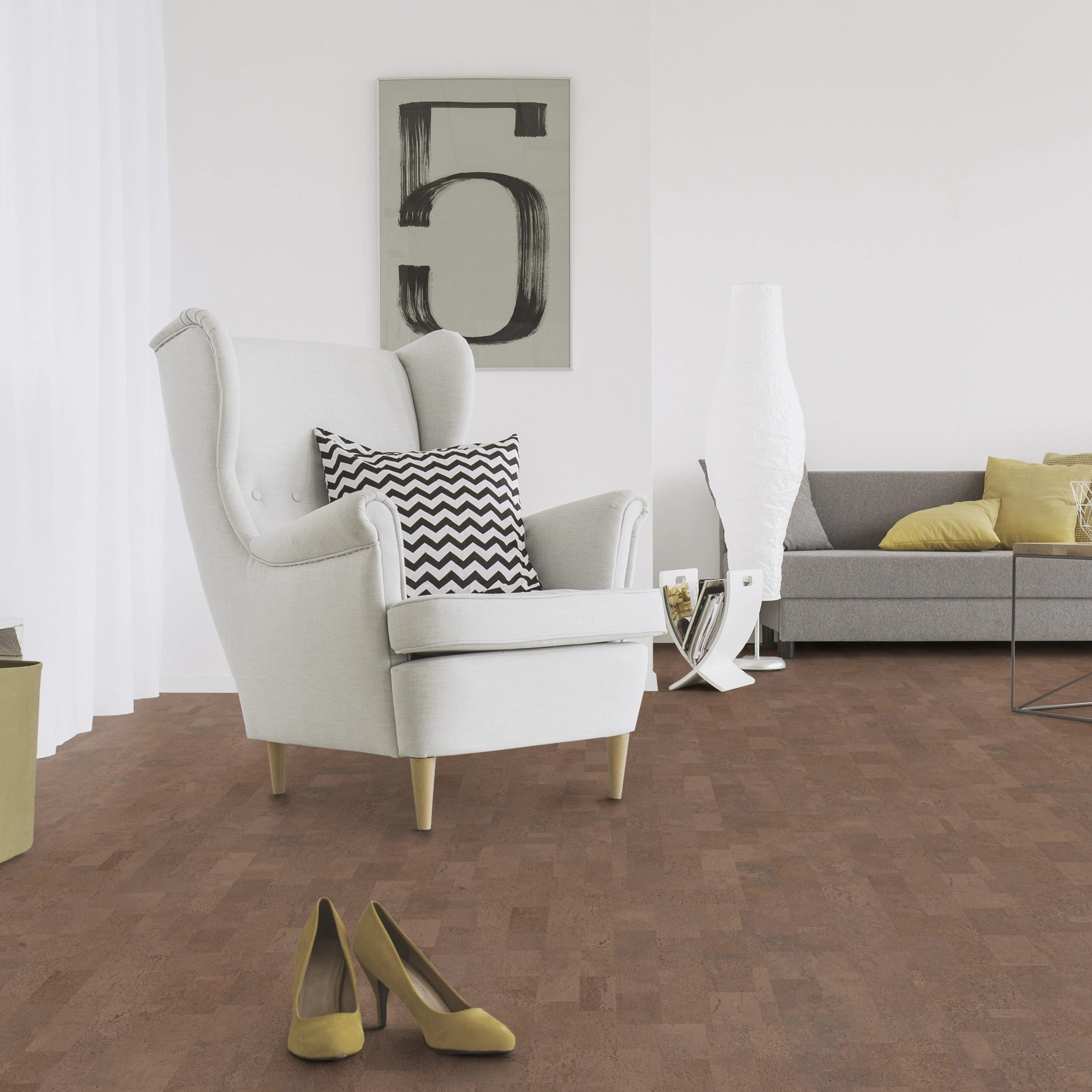 Milieubild Wohnzimmer mit Sessel und Sofa - Wicanders Wise HDF Klick-Korkboden cork Essence Identity Tea Milieubild Wohnzimmer mit Sessel und Sofa - Wicanders Wise 80001657
