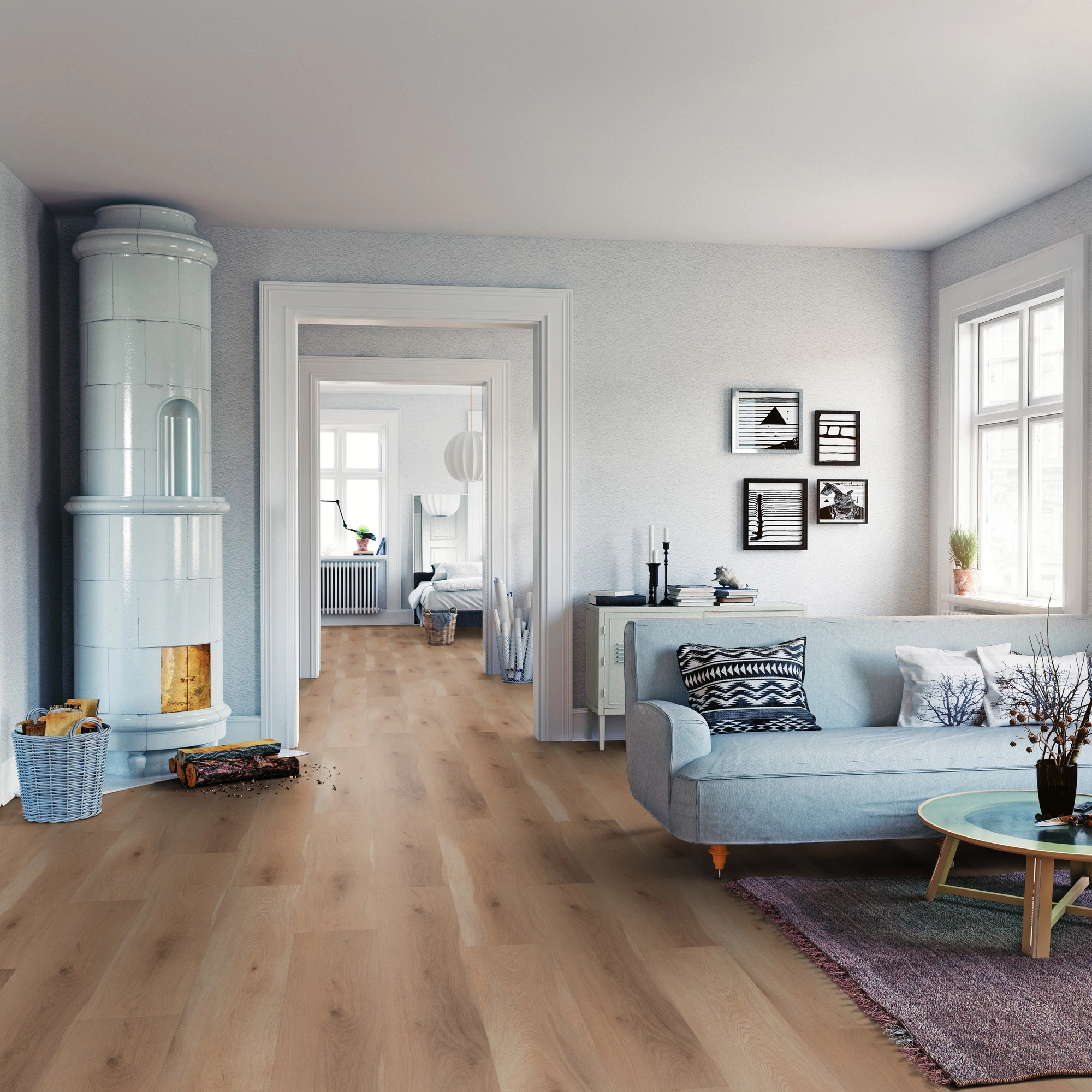 Milieubild Wohnzimmer mit Sofa und Kachelofen - ter Hürne Klebe-Vinyl Pro Classic Edition Eiche Sevilla Milieubild Wohnzimmer mit Sofa und Kachelofen - ter Hürne 1101210430