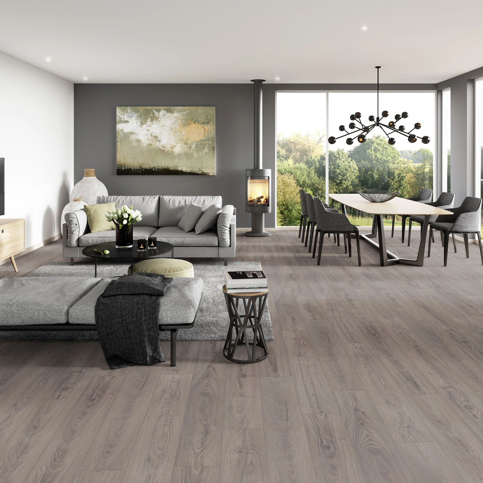 Milieubild Modernes Wohnzimmer mit Essbereich - ter Hürne HDF Klick-Designboden Dureco Silent Classic Edition Eiche Negros Milieubild Modernes Wohnzimmer mit Essbereich - ter Hürne 1101330006