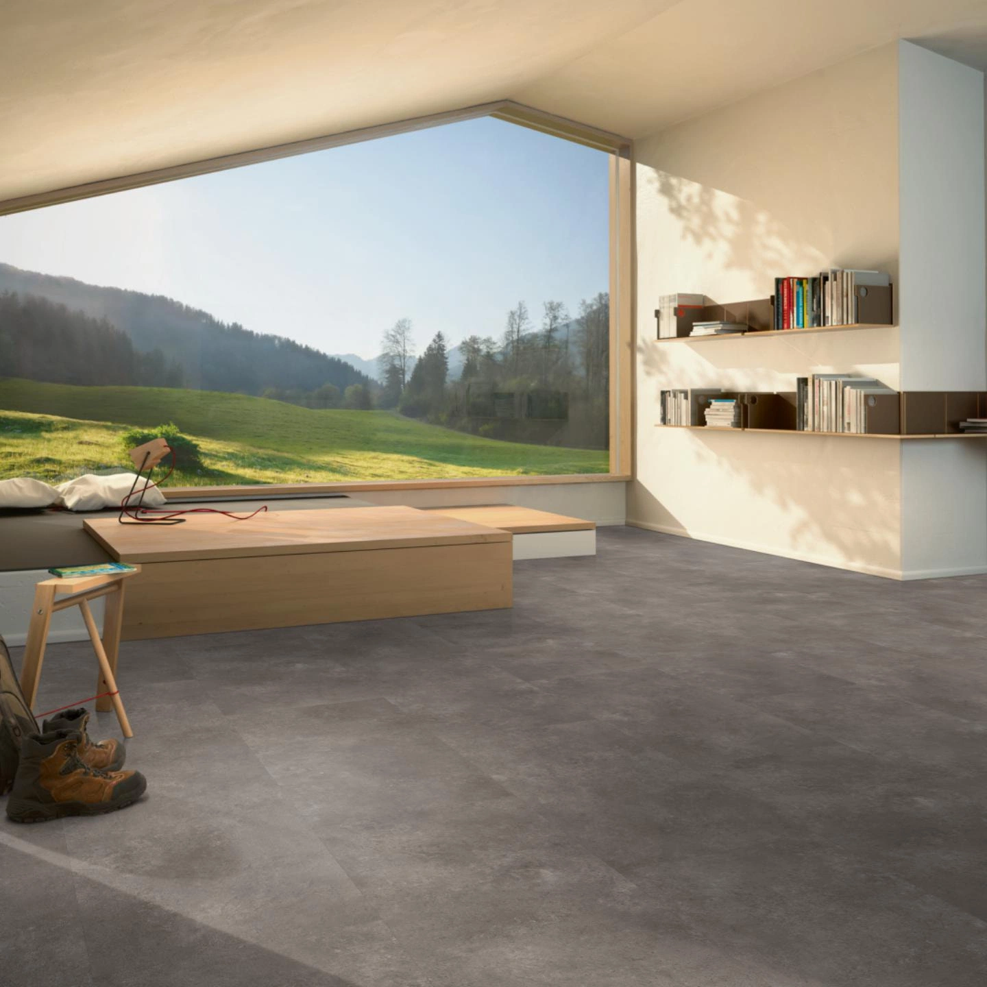 Milieubild Moderne Hütte mit Blick in die Natur - Parador Klebe-Vinyl Trendtime 5 Dryback Stein Trafalgar dunkelgrau Milieubild Moderne Hütte mit Blick in die Natur - Parador 1750857