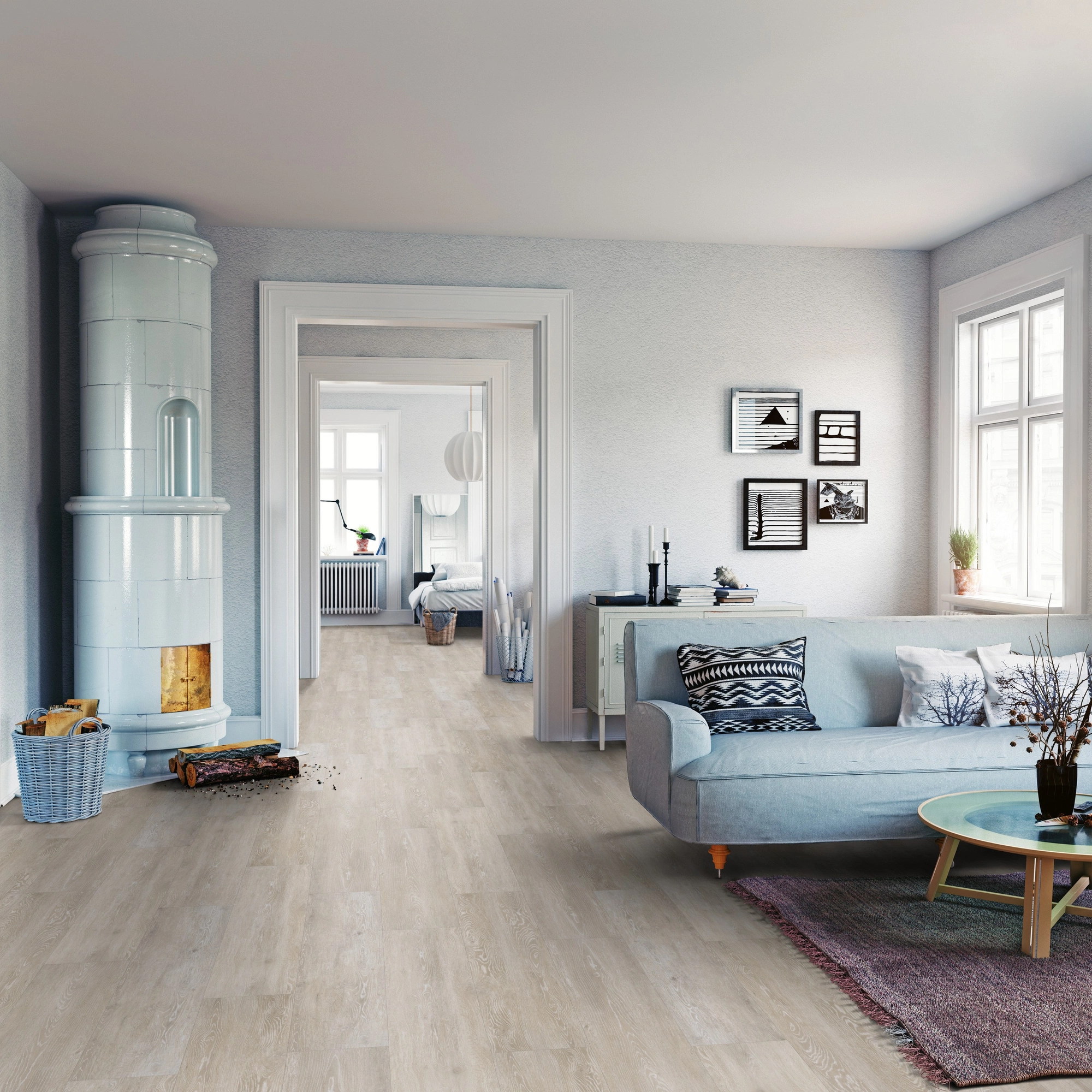 Milieubild Wohnzimmer mit Sofa und Kachelofen - ter Hürne Klebe-Vinyl Pro Classic Choice Eiche Viborg Milieubild Wohnzimmer mit Sofa und Kachelofen - ter Hürne 1101210603