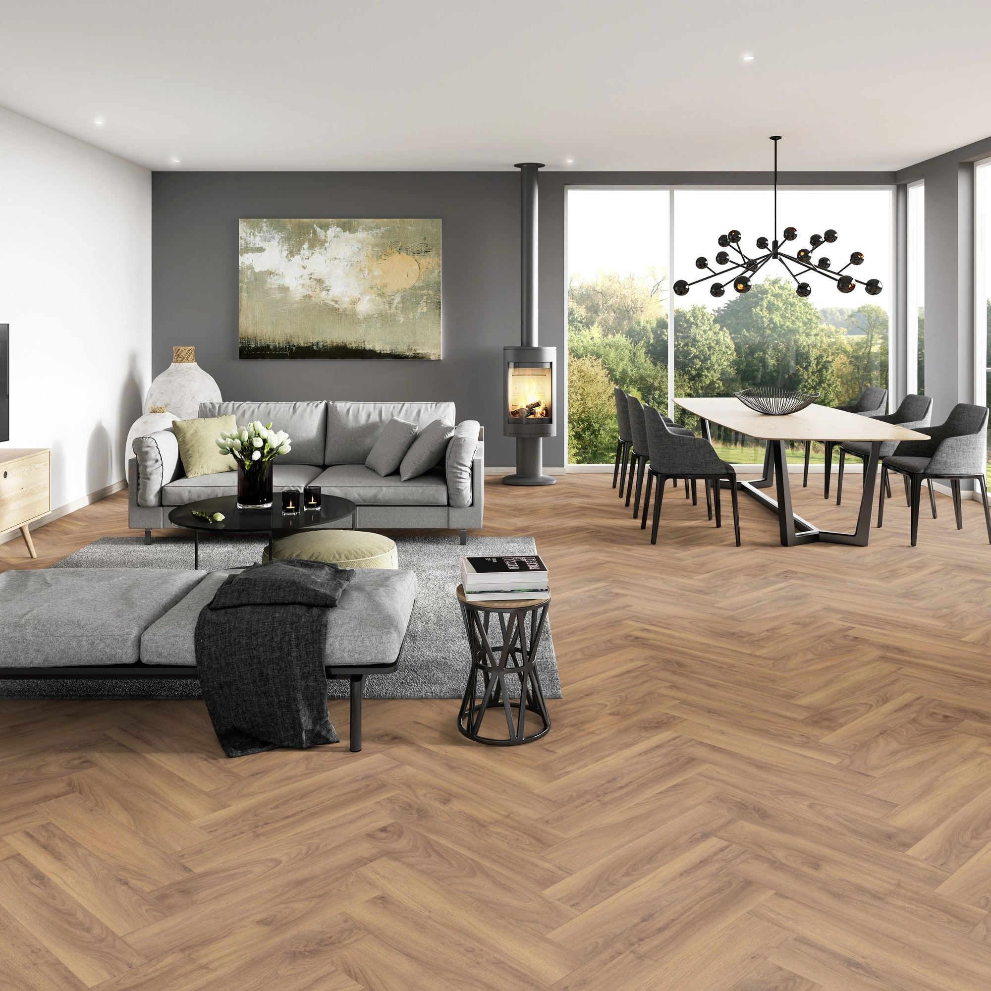 Milieubild Modernes Wohnzimmer mit Essbereich - ter Hürne Laminat Herringbone Edition Eiche Cottage Milieubild Modernes Wohnzimmer mit Essbereich - ter Hürne 1101021855