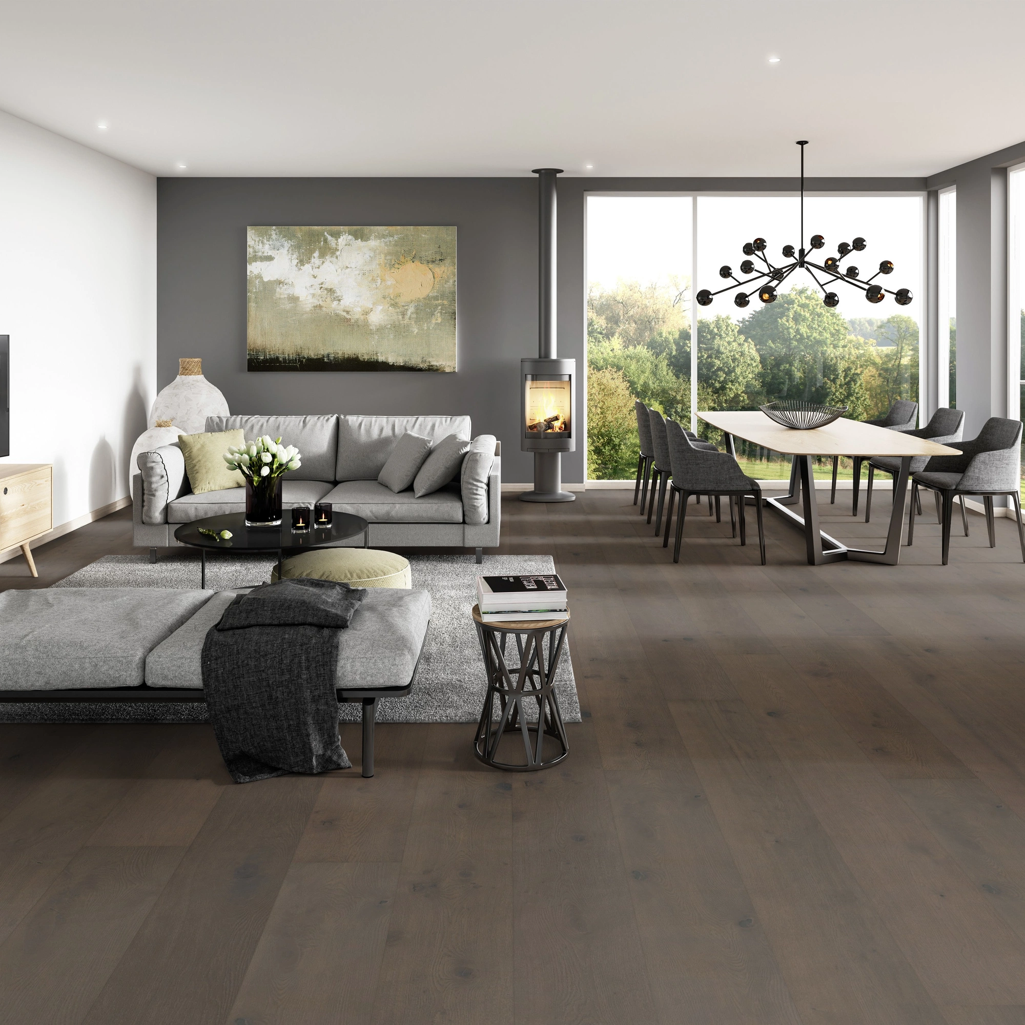 Milieubild Modernes Wohnzimmer mit Essbereich - ter Hürne Holzboden Hywood EVO Noblesse Collection Eiche Sumava Milieubild Modernes Wohnzimmer mit Essbereich - ter Hürne 1101281117
