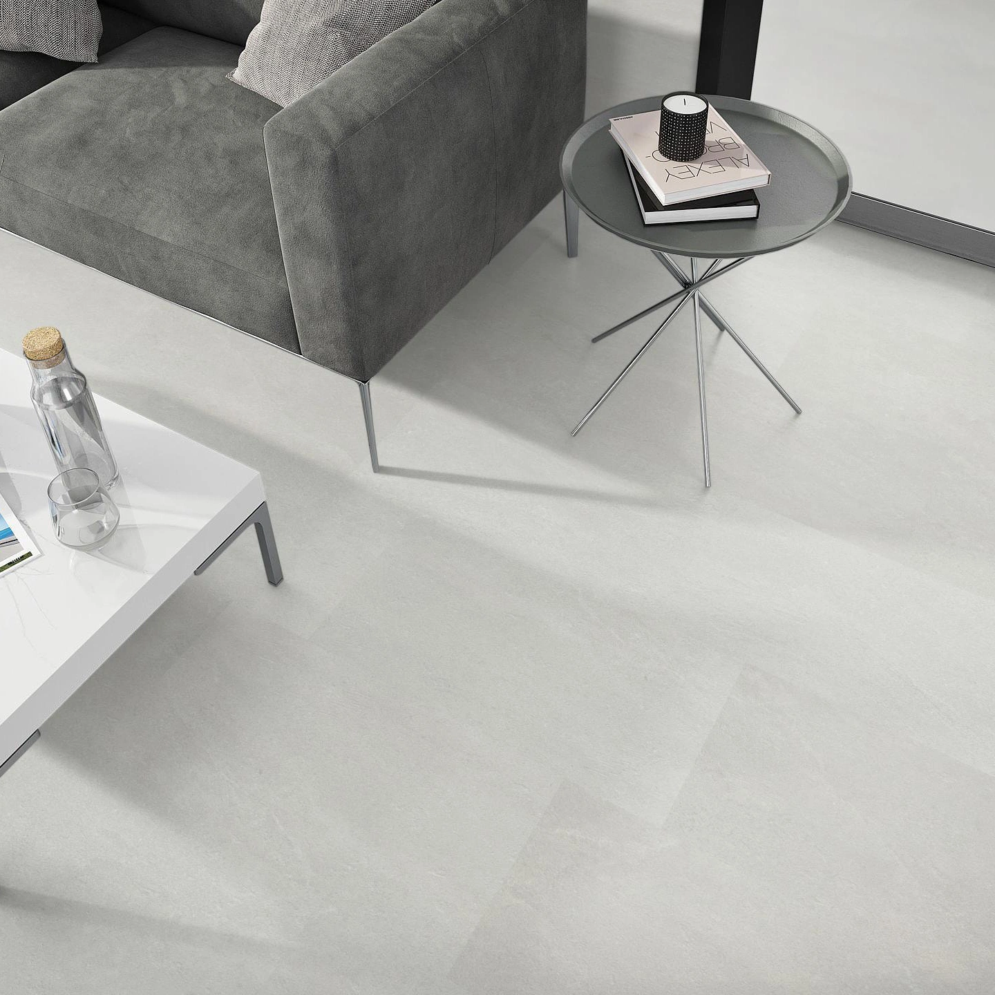 Milieubild Wohnzimmer - Sofa mit Beistelltisch und Glastür - nexflor Rigid Klick-Vinyl Oreios Click Collection Oros Milieubild Wohnzimmer - Sofa mit Beistelltisch und Glastür - nexflor NXF-62030-001