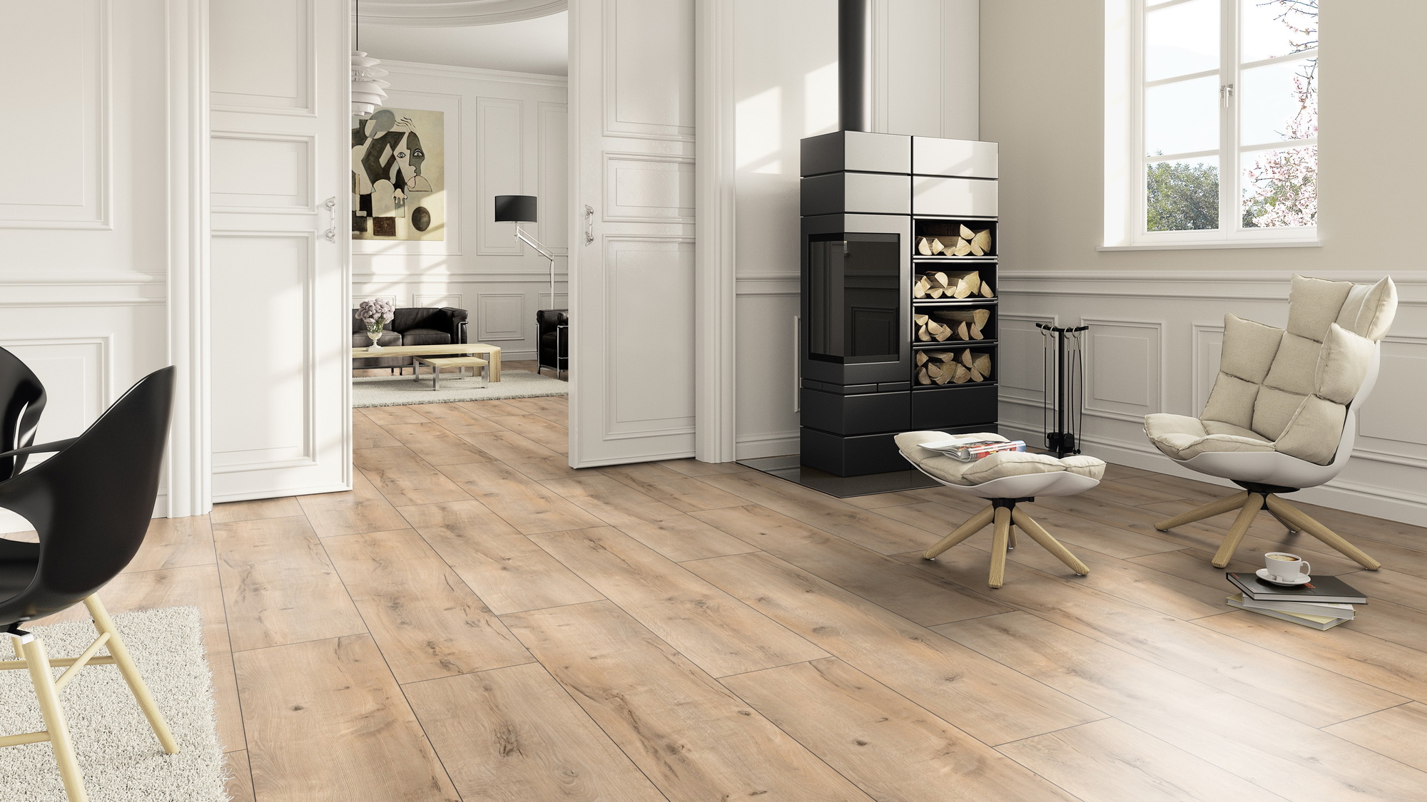 Milieubild Wohnzimmer im Landhaus-Stil mit Kamin - ter Hürne Laminat Trend Edition Eiche Urban Milieubild Wohnzimmer im Landhaus-Stil mit Kamin - ter Hürne 1101021824