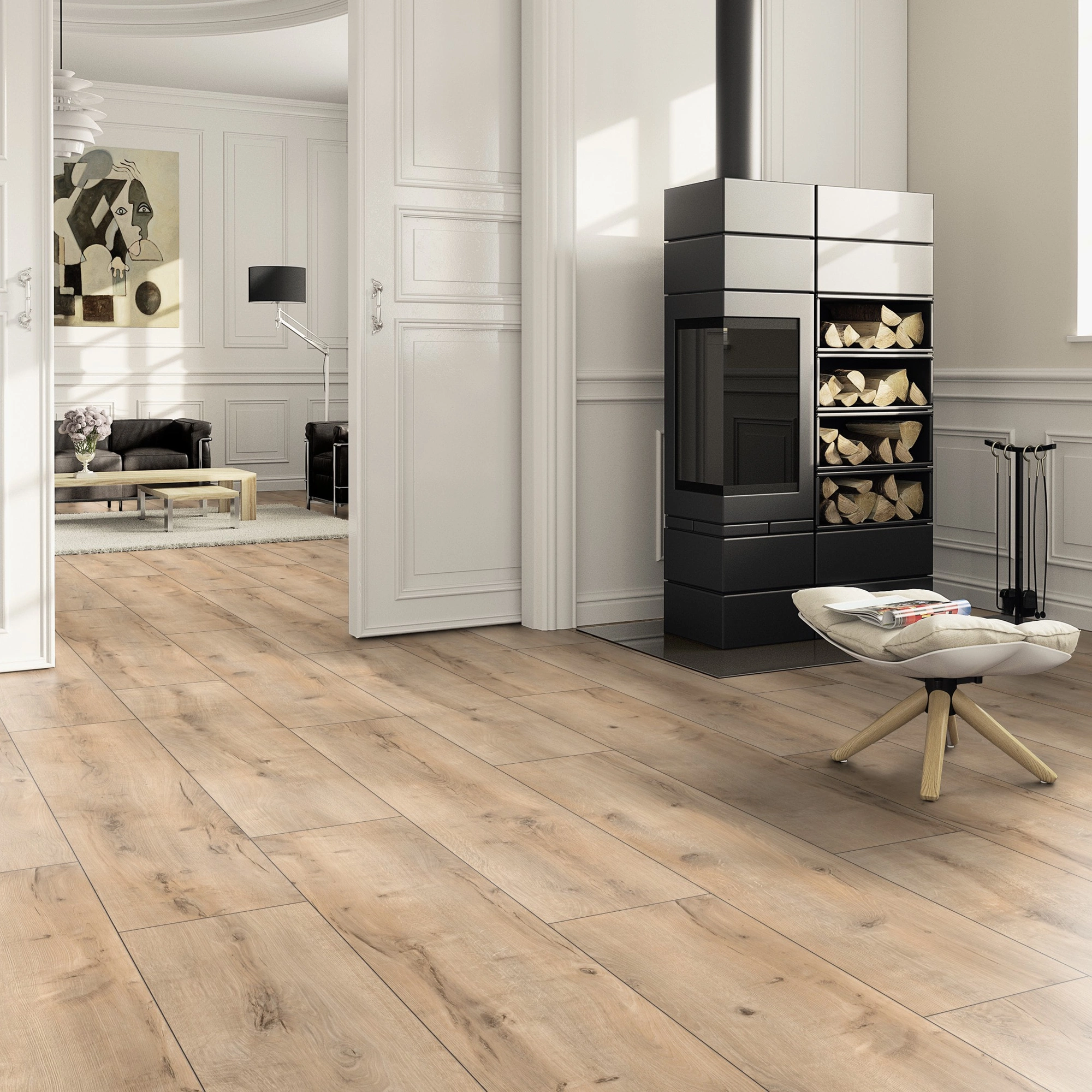 Milieubild Wohnzimmer im Landhaus-Stil mit Kamin - ter Hürne Laminat Trend Edition Eiche Urban Milieubild Wohnzimmer im Landhaus-Stil mit Kamin - ter Hürne 1101021824