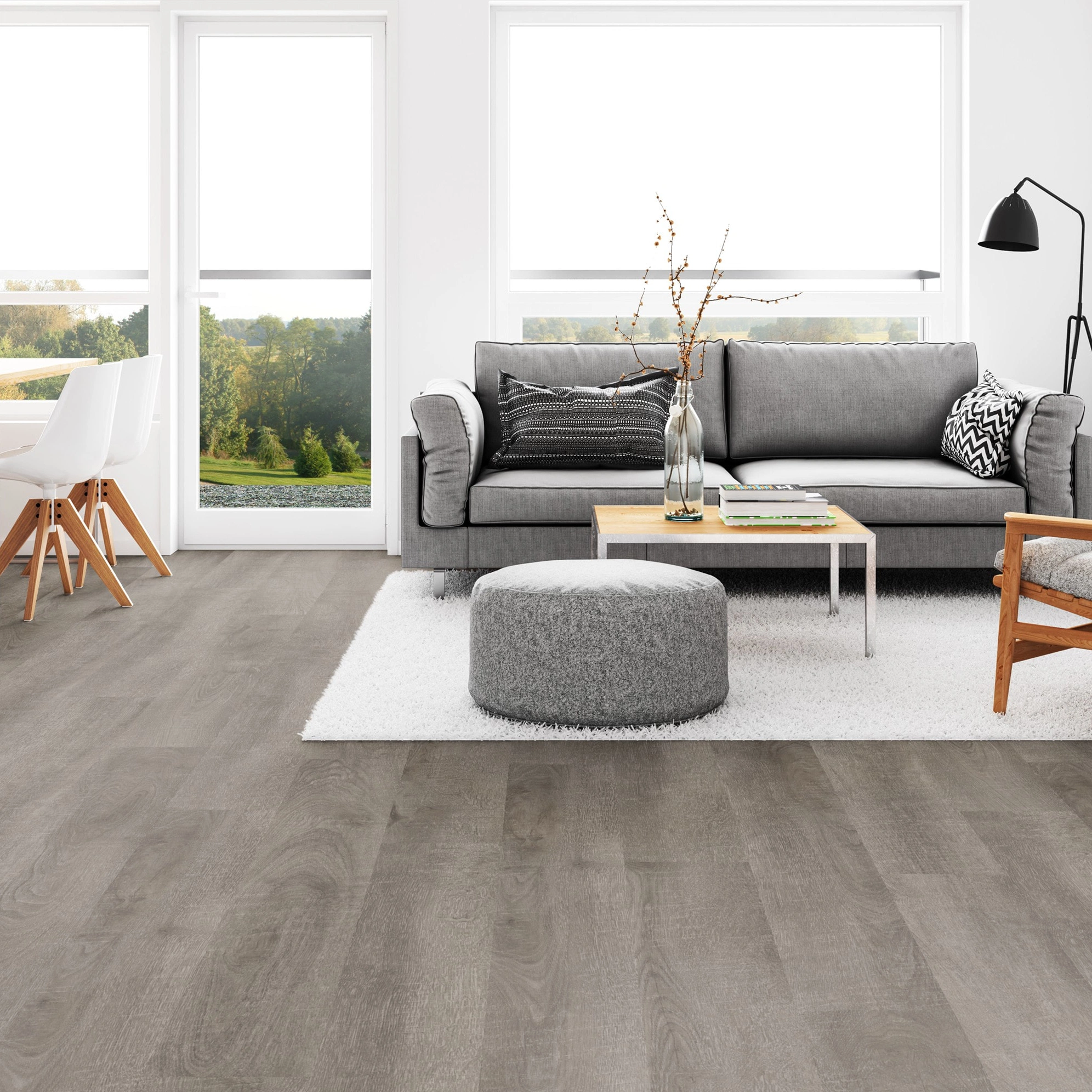 Milieubild Wohnzimmer mit Esszimmer - Tarkett Klebe-Vinyl iD Inspiration 30 CLASSICS Antik Oak Dark Grey Milieubild Wohnzimmer mit Esszimmer - Tarkett 24524006