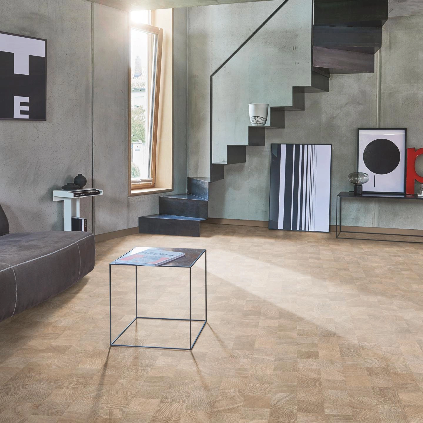 Milieubild Wohnzimmer im modernen Loft-Stil - Parador Laminat Basic 400 Eiche Hirnholz gekälkt Milieubild Wohnzimmer im modernen Loft-Stil - Parador 1748383