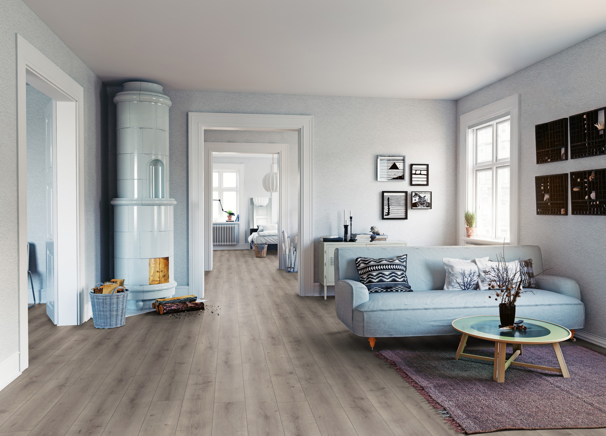 Milieubild Wohnzimmer mit Sofa und Kachelofen - ter Hürne Laminat Classic Edition Eiche Art Gallery Milieubild Wohnzimmer mit Sofa und Kachelofen - ter Hürne 1101021839