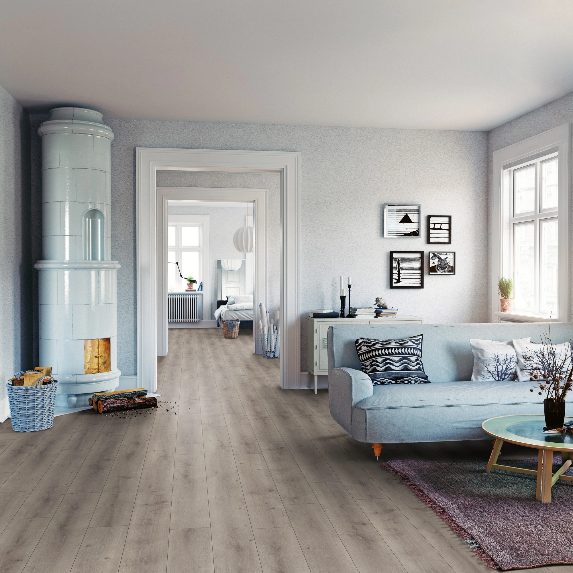Milieubild Wohnzimmer mit Sofa und Kachelofen - ter Hürne Laminat Classic Edition Eiche Art Gallery Milieubild Wohnzimmer mit Sofa und Kachelofen - ter Hürne 1101021839
