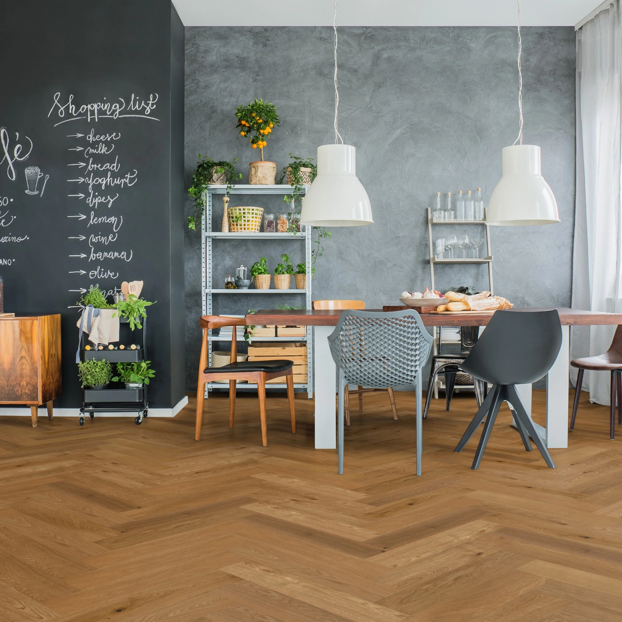 Milieubild Esszimmer mit Wandtafel und Sitzgruppe - Thede & Witte Parkett Maxistab Eiche Milieubild Esszimmer mit Wandtafel und Sitzgruppe - Thede & Witte 52MSÖNF15EI50