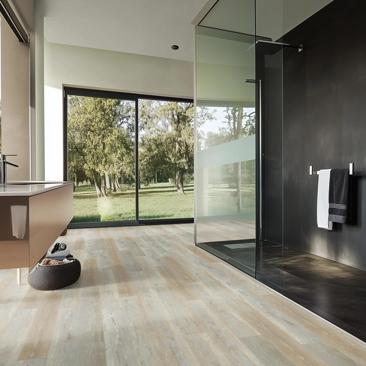 Milieubild Modernes Badezimmer mit bodentiefer Dusche - nexflor Rigid Klick-Vinyl Apollo Click Collection Knossos Oak Milieubild Modernes Badezimmer mit bodentiefer Dusche - nexflor NXF-60030-012