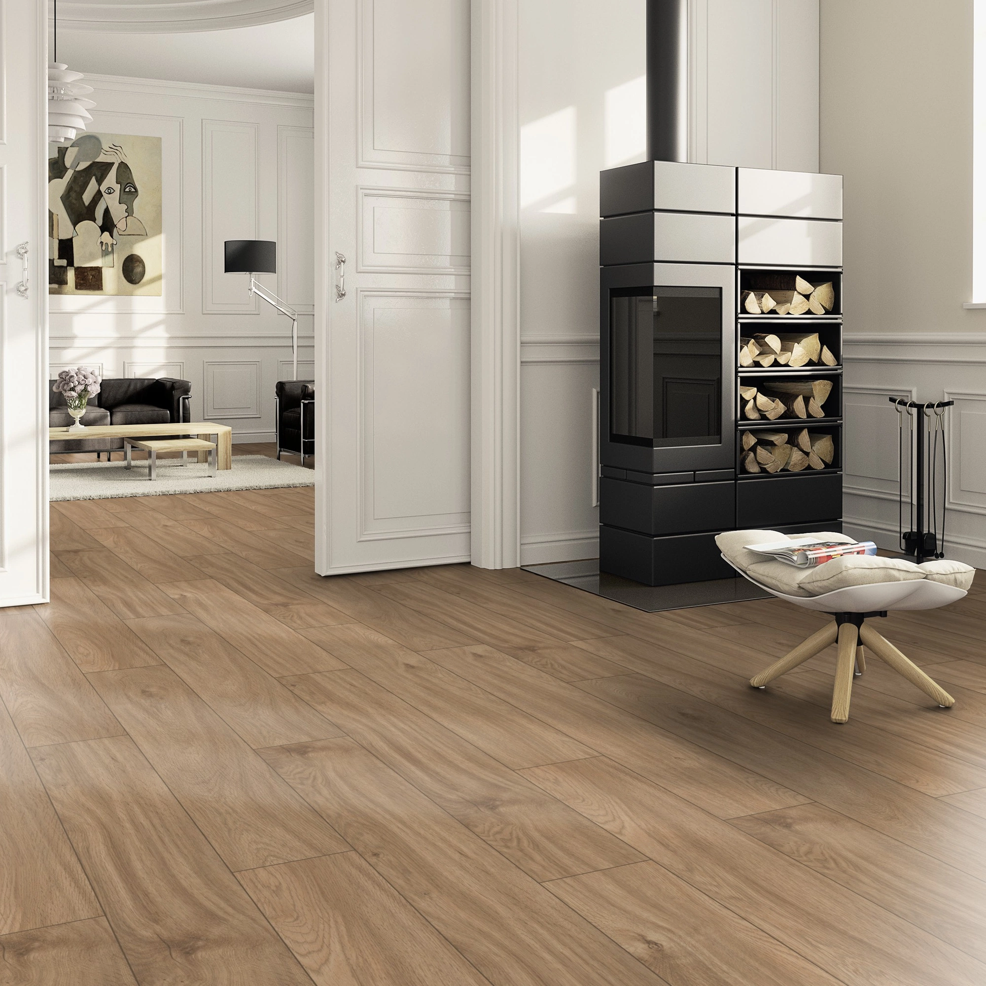 Milieubild Wohnzimmer im Landhaus-Stil mit Kamin - ter Hürne Klick-Designboden Dureco Strong Classic Edition Eiche Vadoo Milieubild Wohnzimmer im Landhaus-Stil mit Kamin - ter Hürne 1101260043