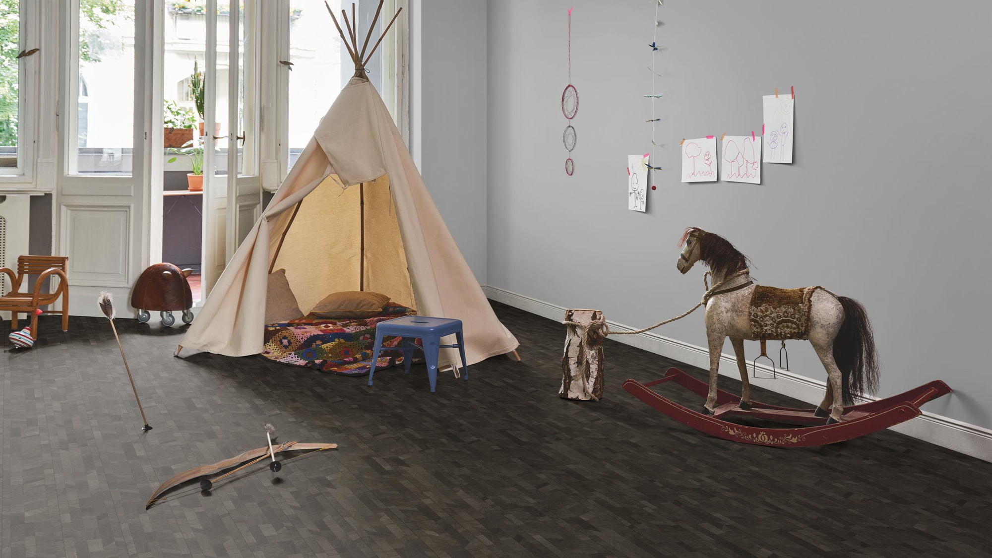 Milieubild Kinderzimmer in Stadtwohnung - Parador HDF Klick-Designboden Modular ONE Cross Cut black Milieubild Kinderzimmer in Stadtwohnung - Parador 1744553