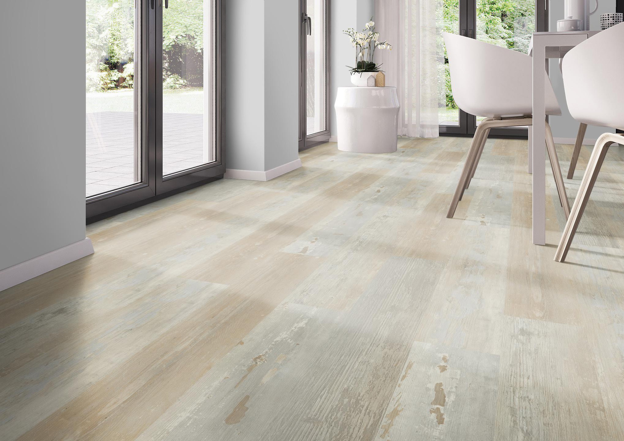Milieubild Modernes Esszimmer - bodentiefe Perspektive - nexflor Rigid Klick-Vinyl Apollo Click Collection Knossos Oak Milieubild Modernes Esszimmer - bodentiefe Perspektive - nexflor NXF-60030-012