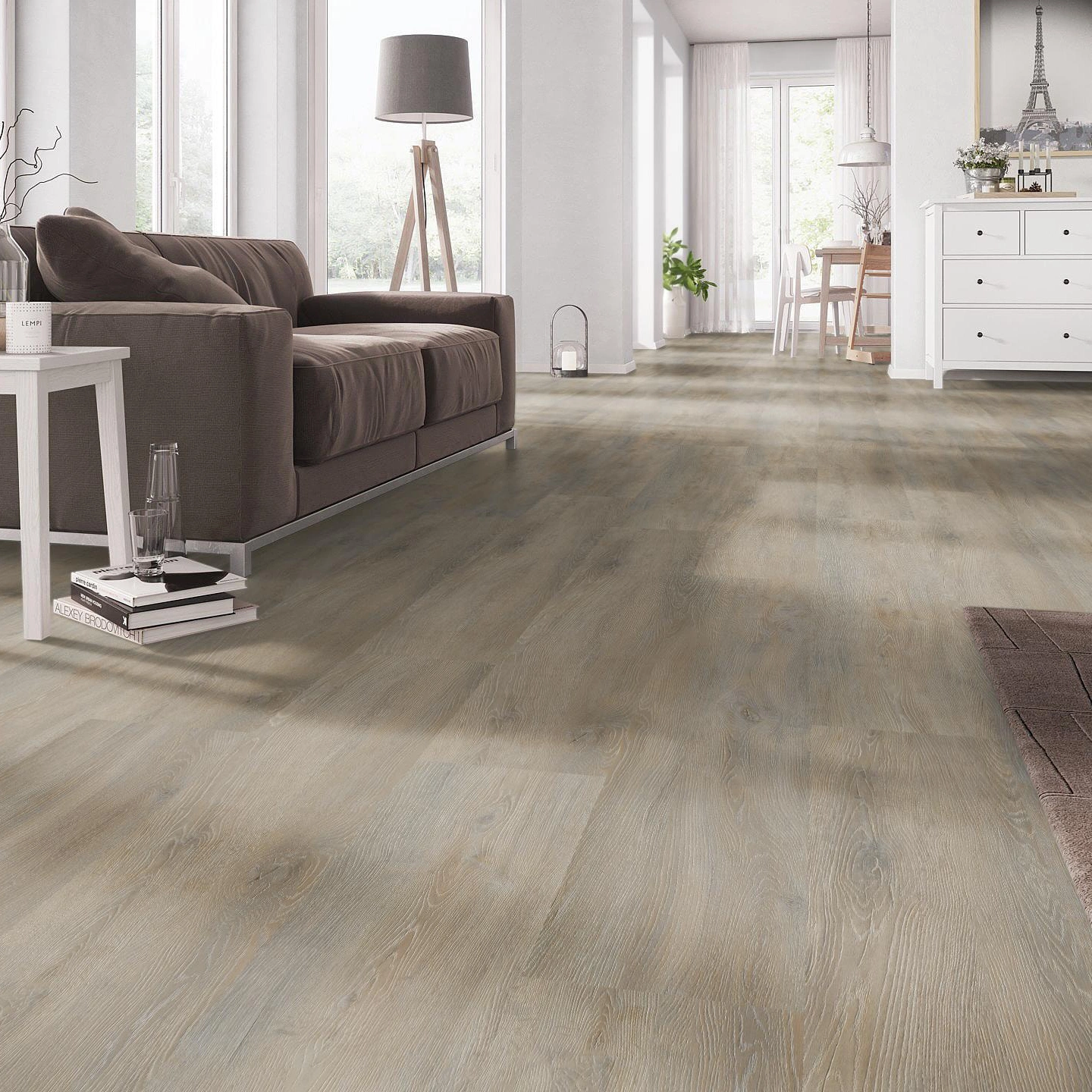 Milieubild Wohnzimmer mit Couch - nexflor Rigid Klick-Vinyl Helios Click Collection Alexandria Oak Milieubild Wohnzimmer mit Couch - nexflor NXF-20030-006