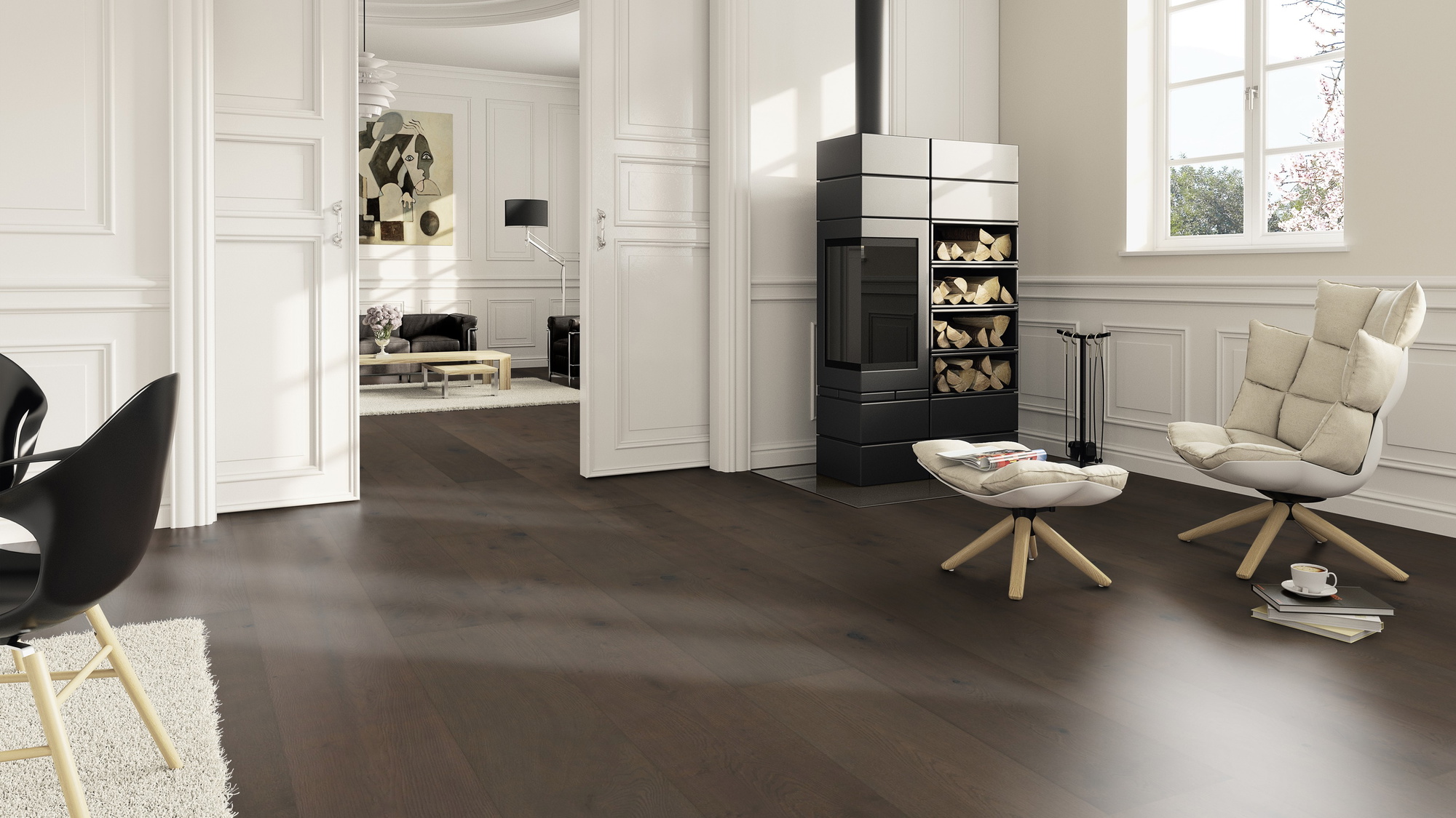Milieubild Wohnzimmer im Landhaus-Stil mit Kamin - ter Hürne Holzboden Hywood EVO Noblesse Collection Eiche Sumava Milieubild Wohnzimmer im Landhaus-Stil mit Kamin - ter Hürne 1101281117