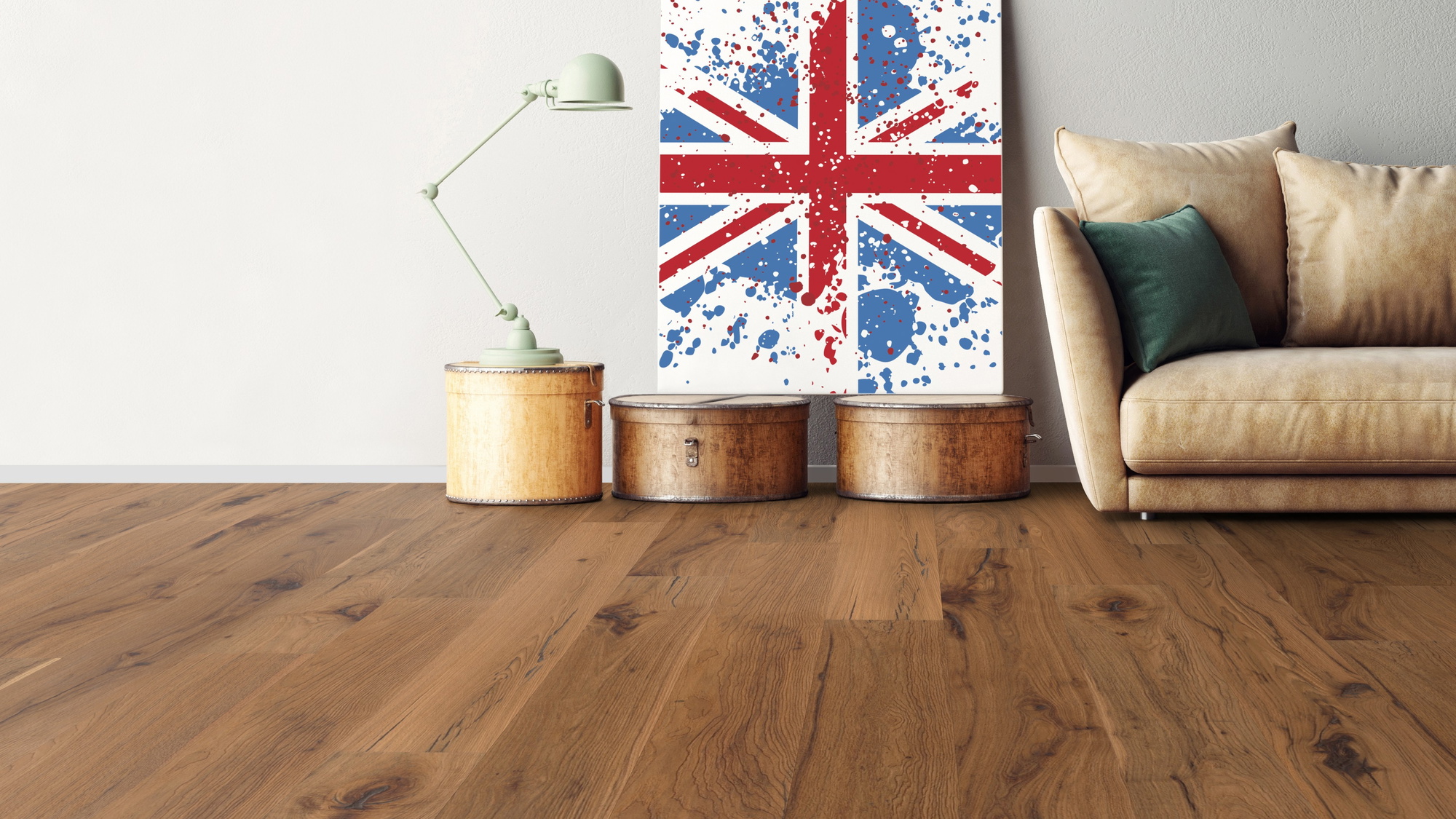 Milieubild Wohnzimmer mit Sofa - bodentiefe Perspektive - Bennett & Jones Parkett London Calling Hickory No.1 Smithfield Milieubild Wohnzimmer mit Sofa - bodentiefe Perspektive - Bennett & Jones 1148011203