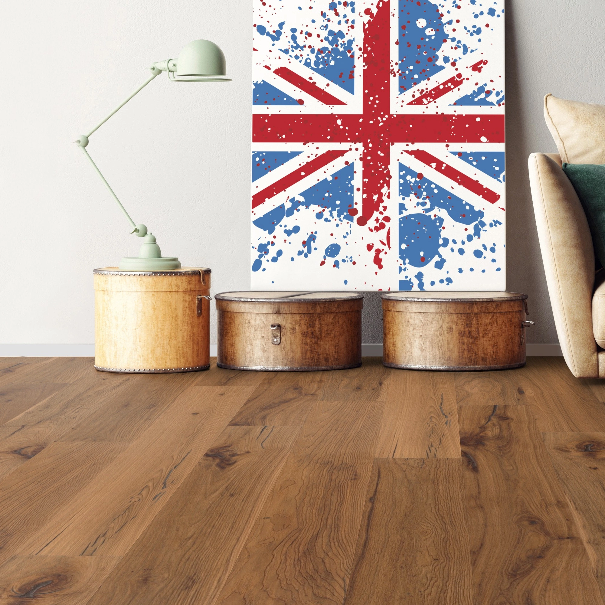 Milieubild Wohnzimmer mit Sofa - bodentiefe Perspektive - Bennett & Jones Parkett London Calling Hickory No.1 Smithfield Milieubild Wohnzimmer mit Sofa - bodentiefe Perspektive - Bennett & Jones 1148011203