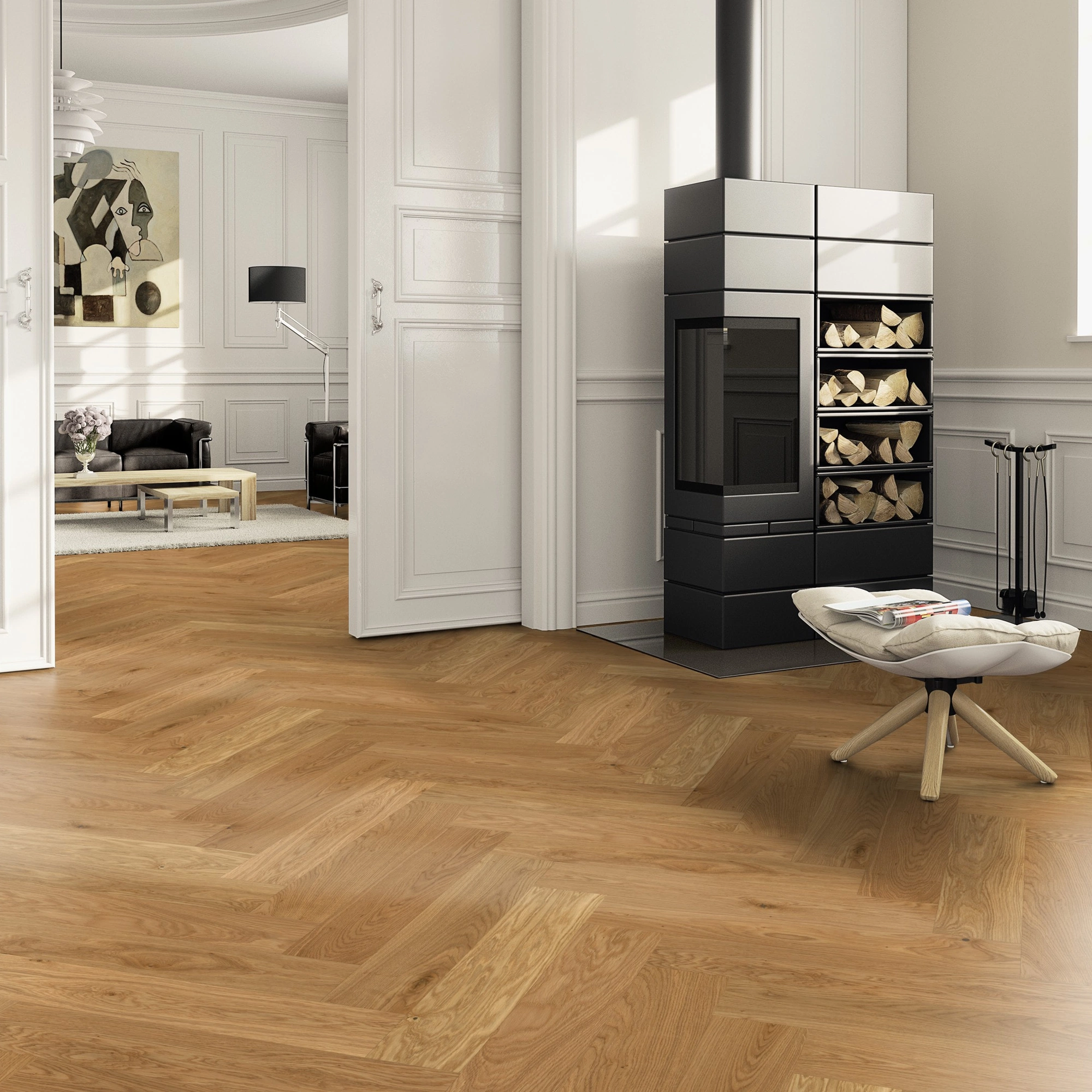 Milieubild Wohnzimmer im Landhaus-Stil mit Kamin - ter Hürne Parkett Estate Collection OLIO Eiche Jordaan Milieubild Wohnzimmer im Landhaus-Stil mit Kamin - ter Hürne 1101312669