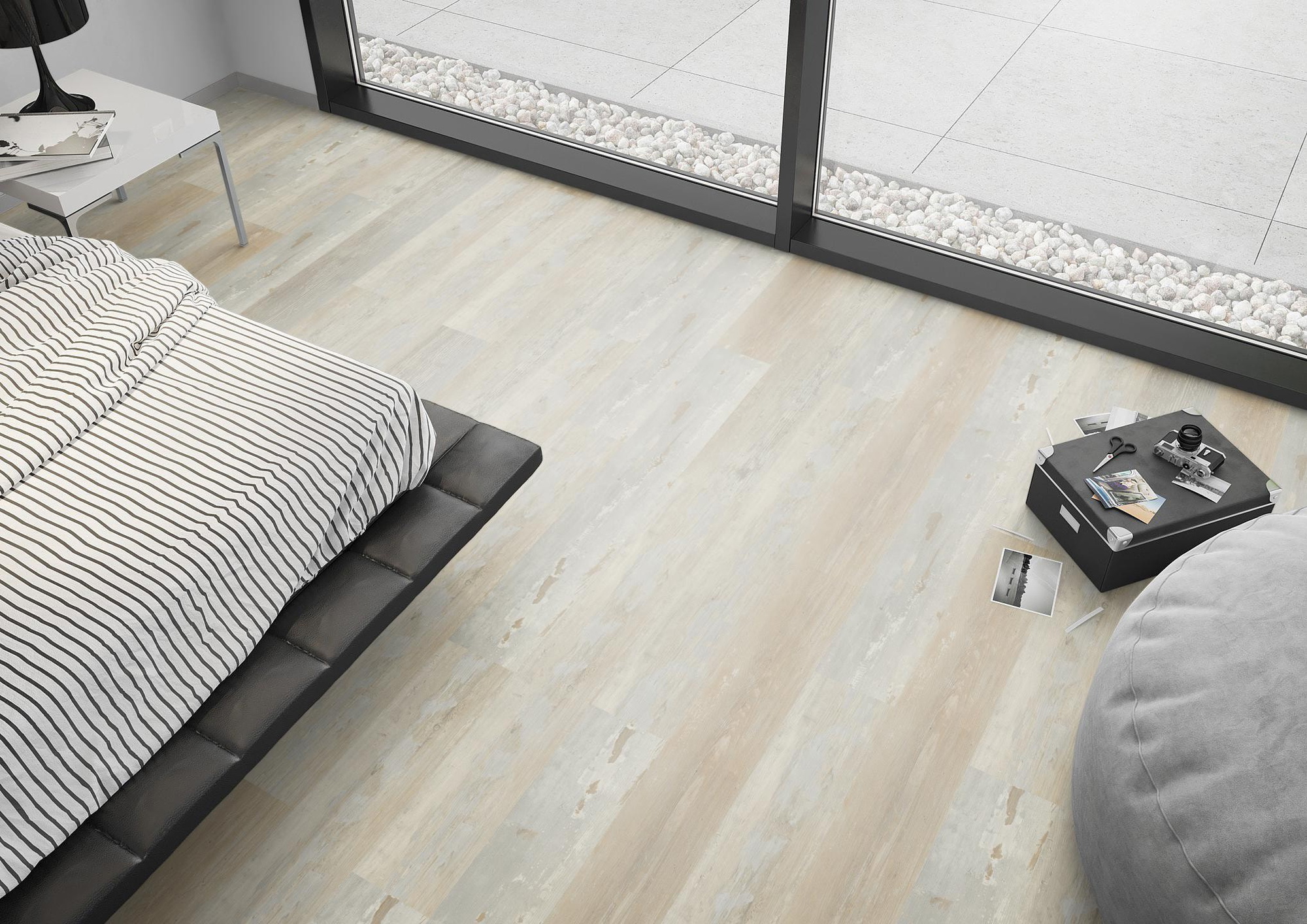Milieubild Schlafzimmer mit Sitzkissen - nexflor Rigid Klick-Vinyl Apollo Click Collection Knossos Oak Milieubild Schlafzimmer mit Sitzkissen - nexflor NXF-60030-012