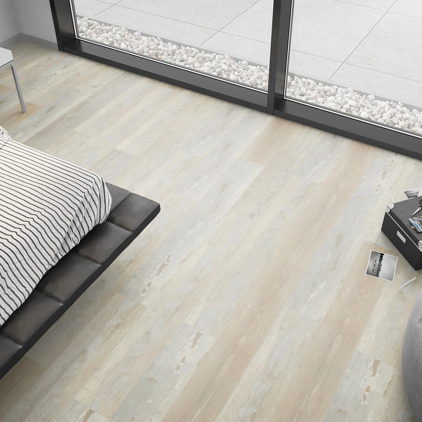 Milieubild Schlafzimmer mit Sitzkissen - nexflor Rigid Klick-Vinyl Apollo Click Collection Knossos Oak Milieubild Schlafzimmer mit Sitzkissen - nexflor NXF-60030-012