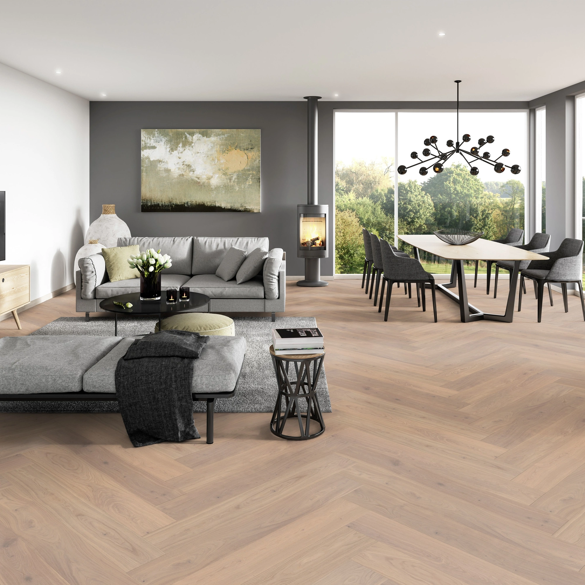 Milieubild Modernes Wohnzimmer mit Essbereich - ter Hürne Parkett Herringbone Collection Eiche Helgoland Milieubild Modernes Wohnzimmer mit Essbereich - ter Hürne 1101312519